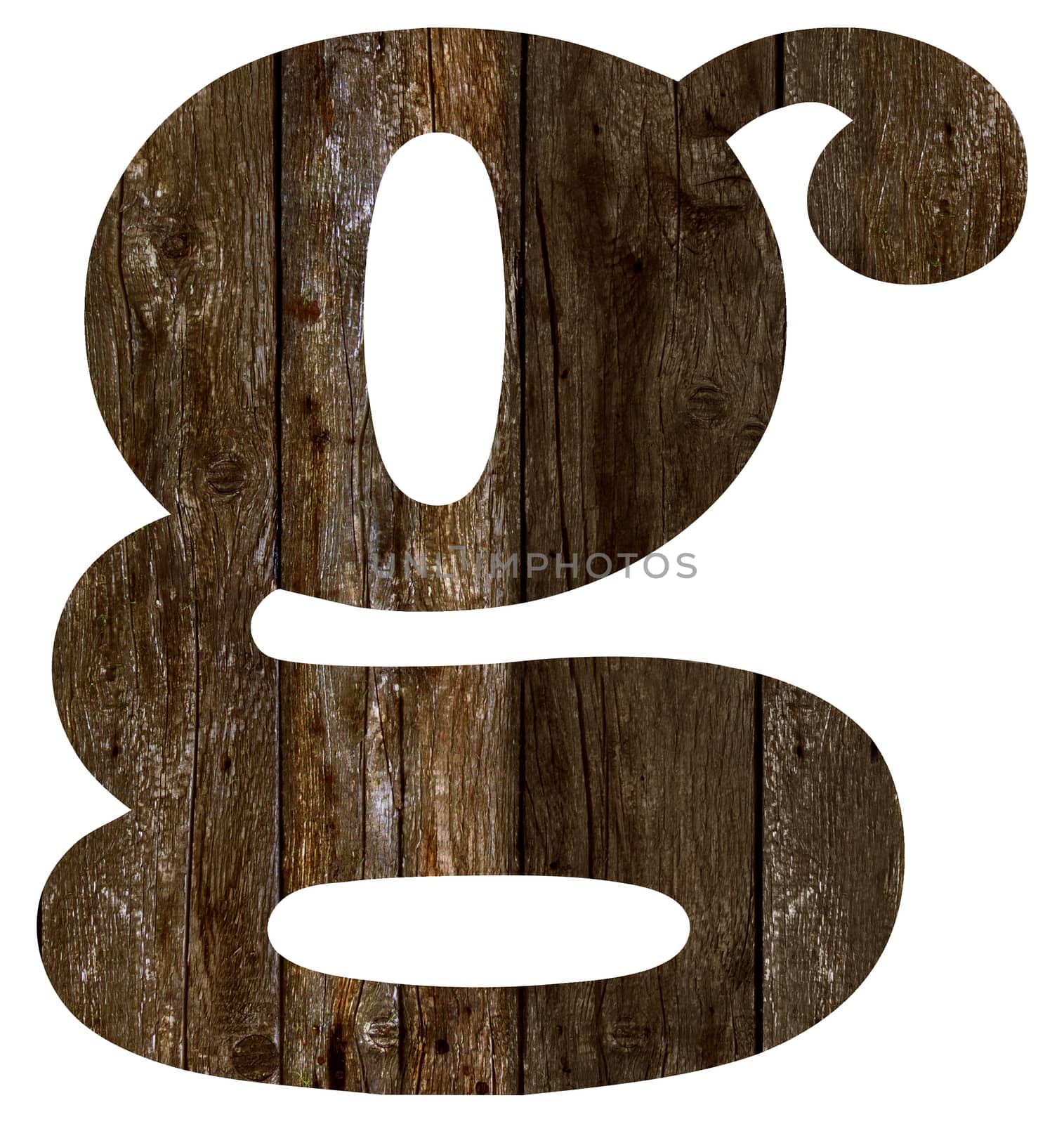 Old wooden planks alphabet, text g. Isolated on white background. With clipping path
