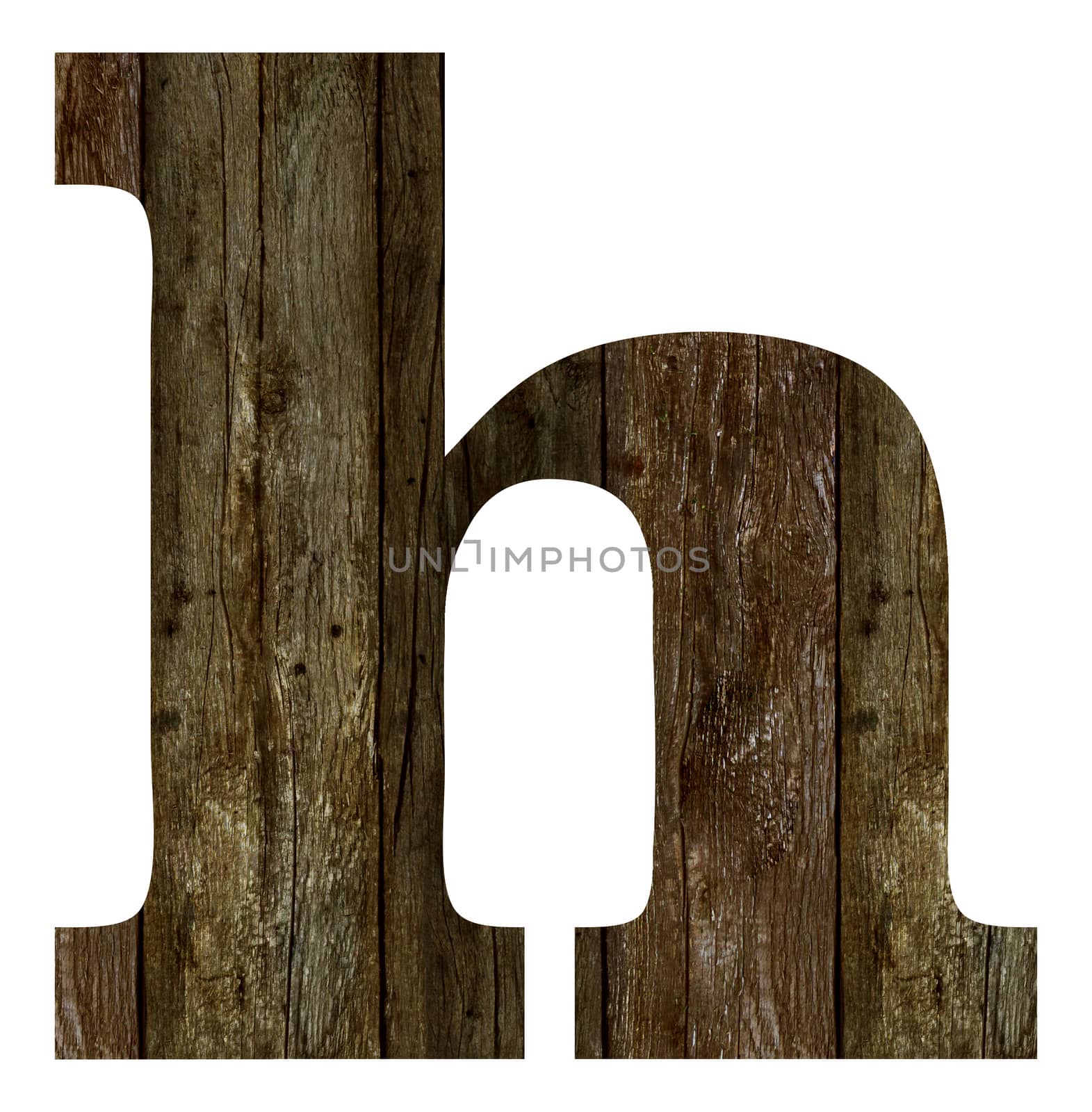 Old wooden planks alphabet, text h. Isolated on white background. With clipping path