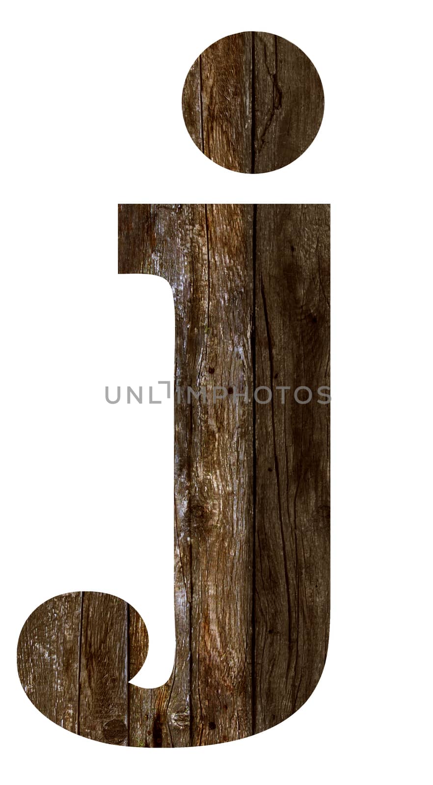 Old wooden planks alphabet, text j. Isolated on white background. With clipping path