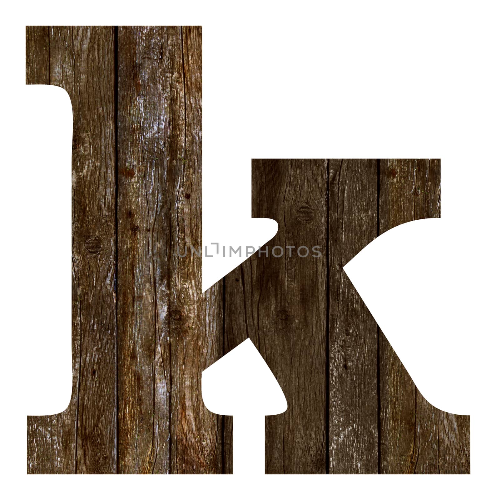 Old wooden planks alphabet, text k. Isolated on white background. With clipping path