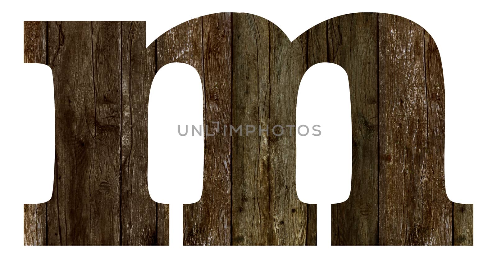 Old wooden planks alphabet, text m. Isolated on white background. With clipping path