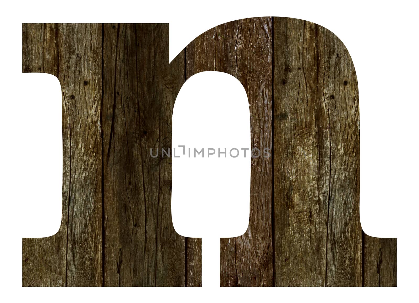 Old wooden planks alphabet, text n. Isolated on white background. With clipping path