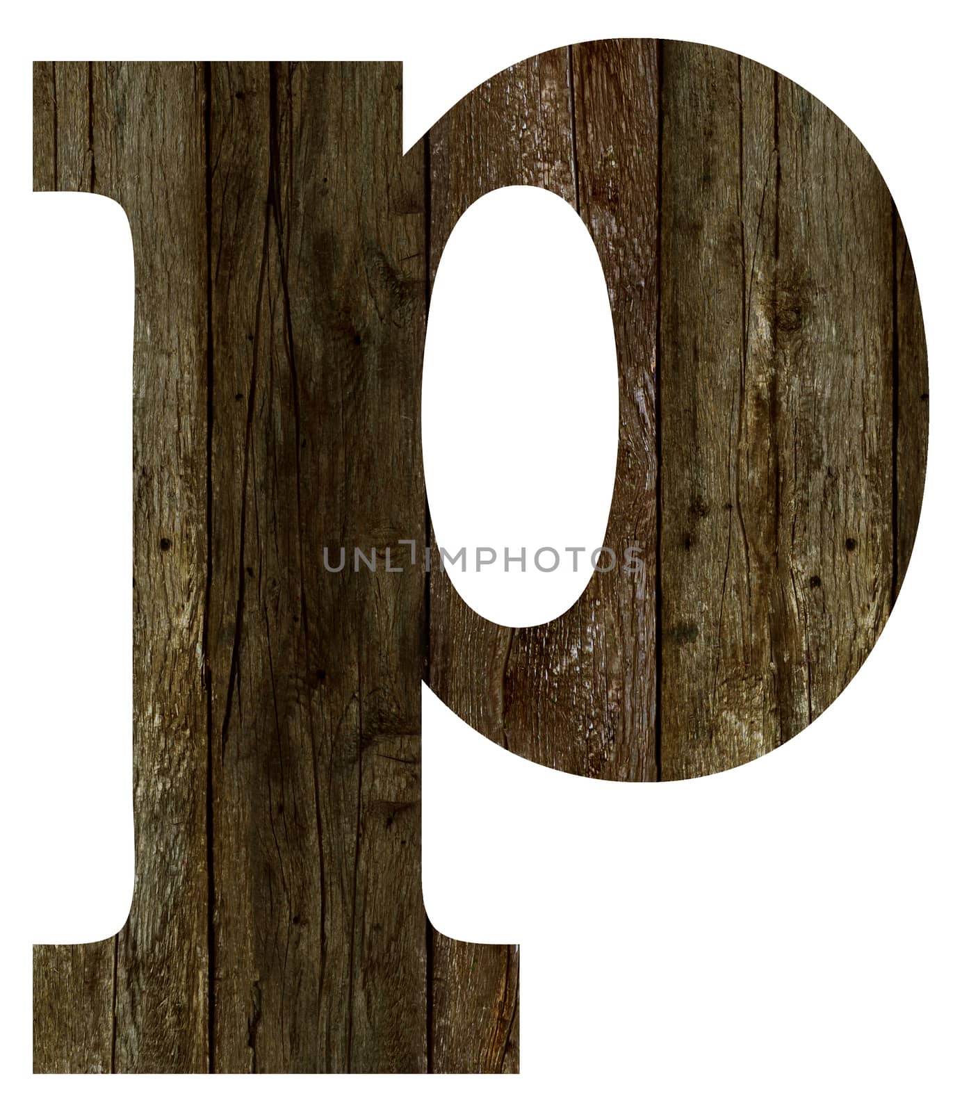 Old wooden planks alphabet, text p. Isolated on white background. With clipping path