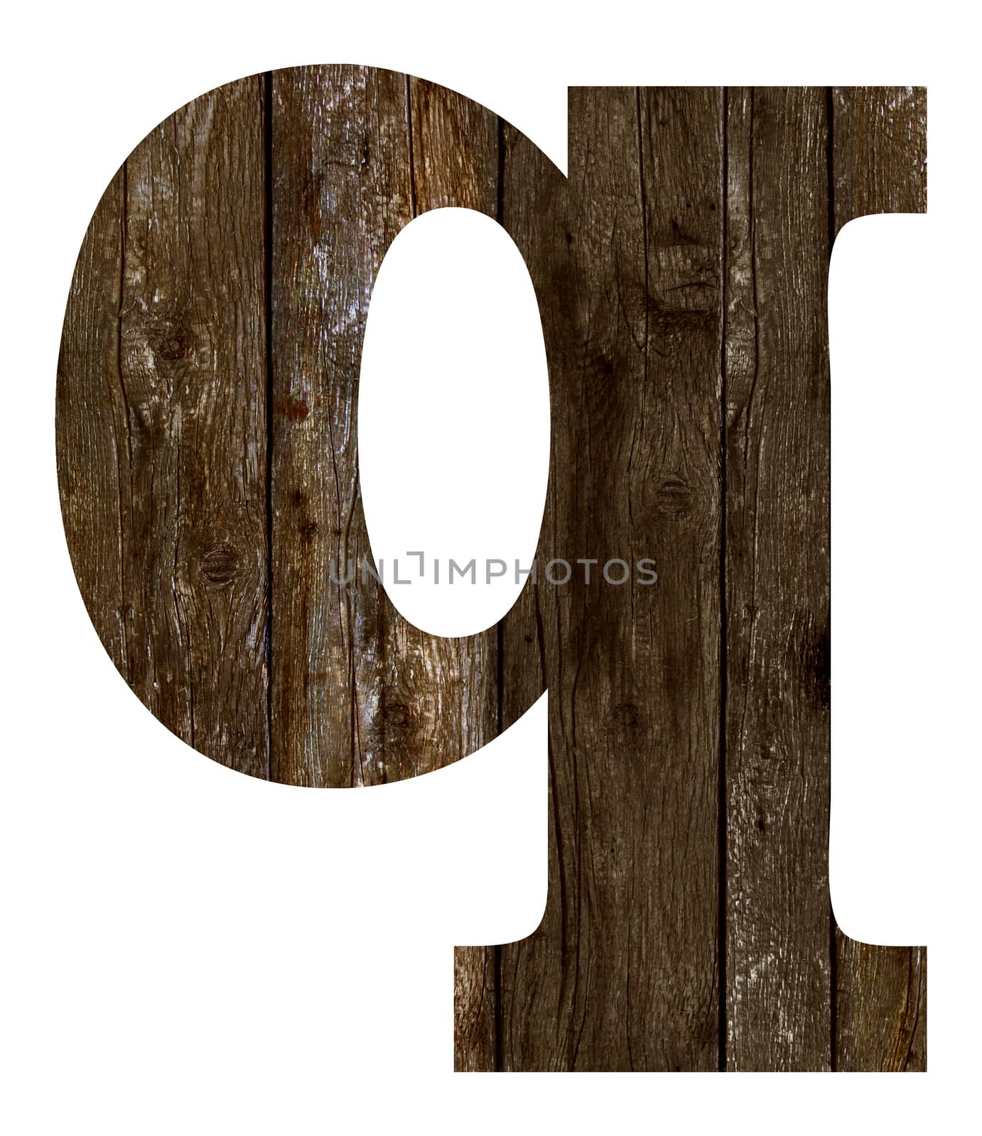 Old wooden planks alphabet, text q. Isolated on white background. With clipping path