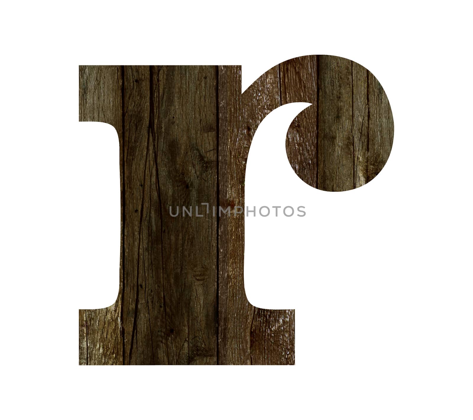 Old wooden planks alphabet, text r. Isolated on white background. With clipping path