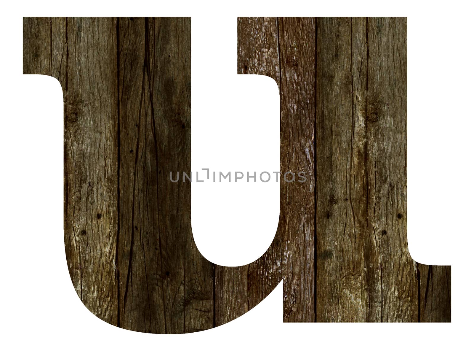 Old wooden planks alphabet, text u. Isolated on white background. With clipping path