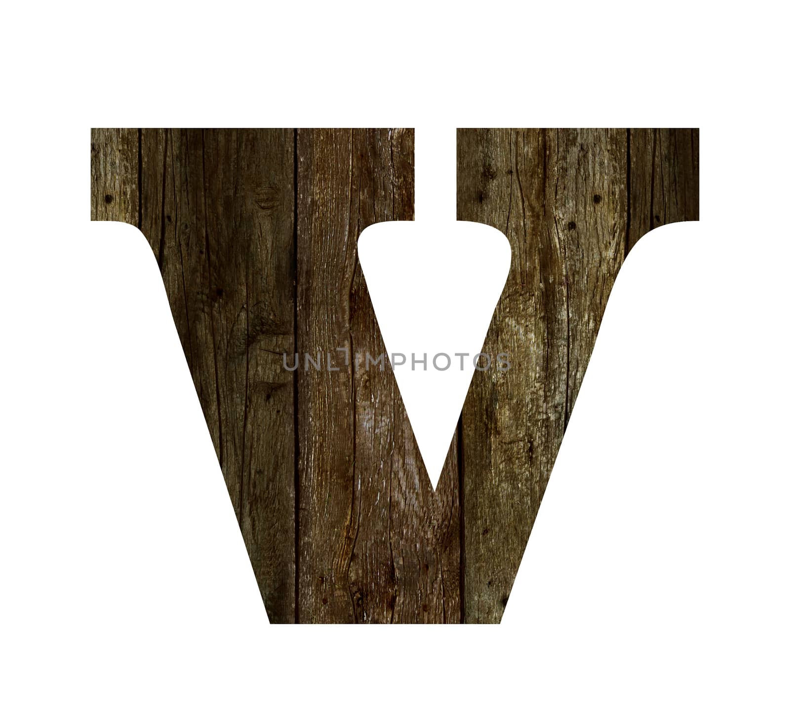 Old wooden planks alphabet, text v. Isolated on white background. With clipping path