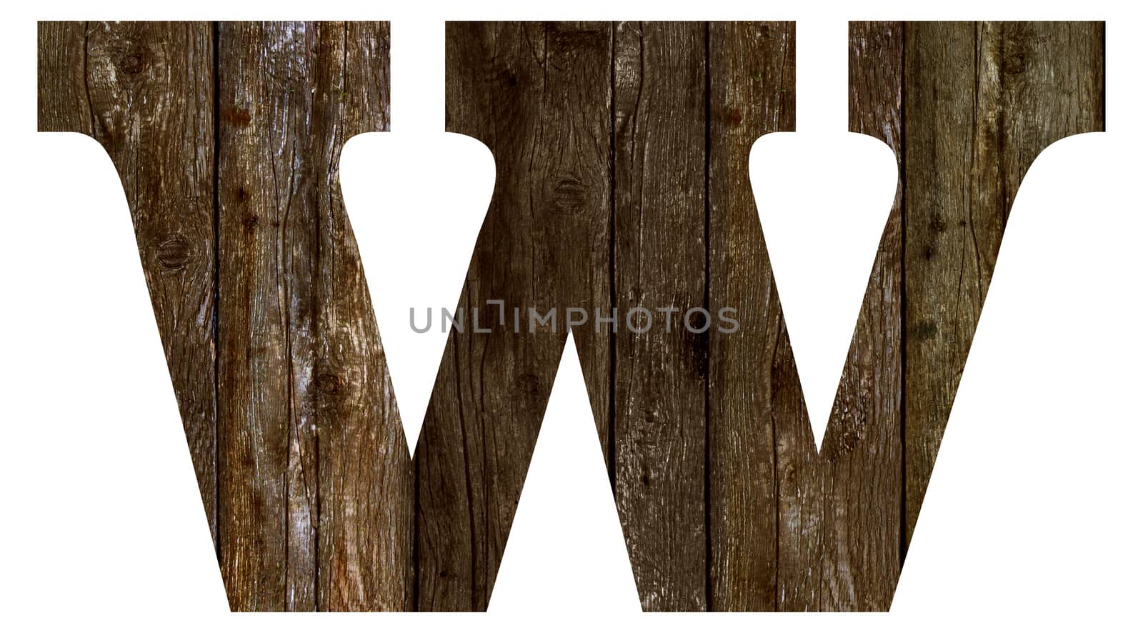 Old wooden planks alphabet, text w. Isolated on white background. With clipping path