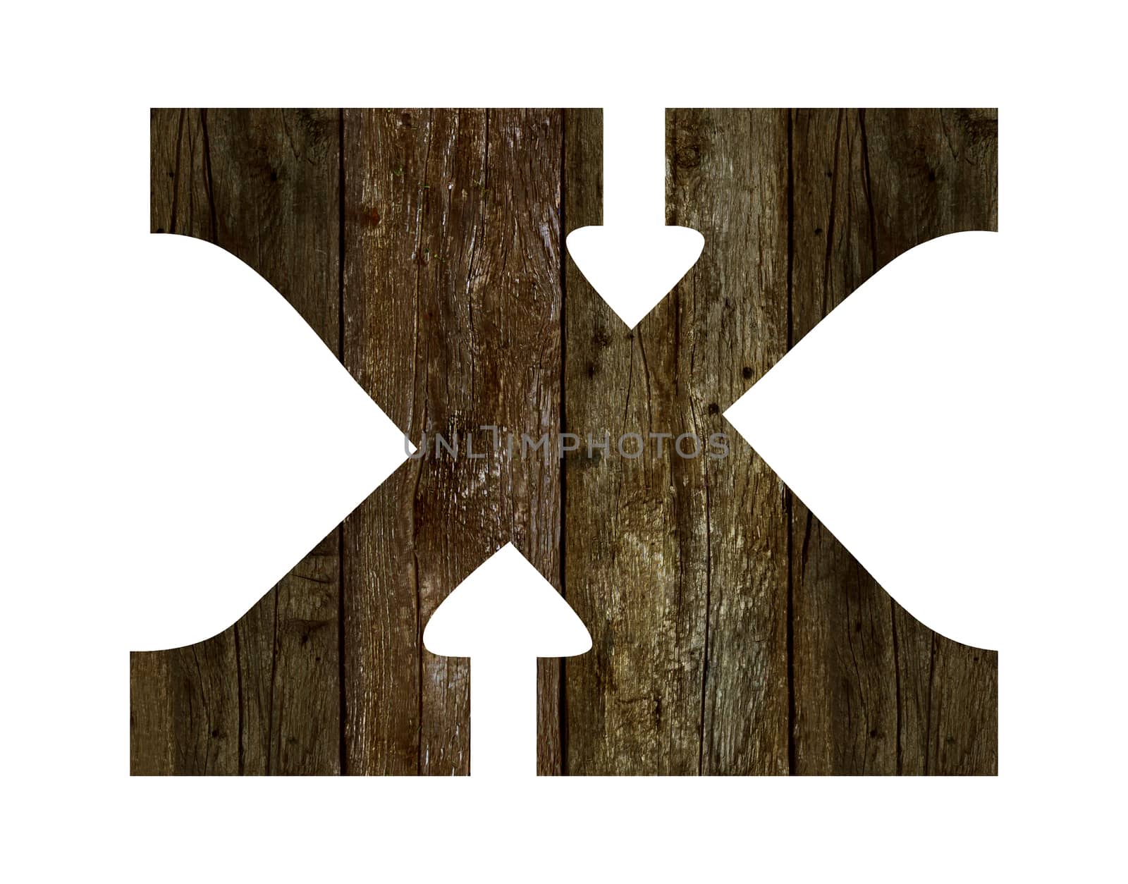 Old wooden planks alphabet, text x. Isolated on white background. With clipping path