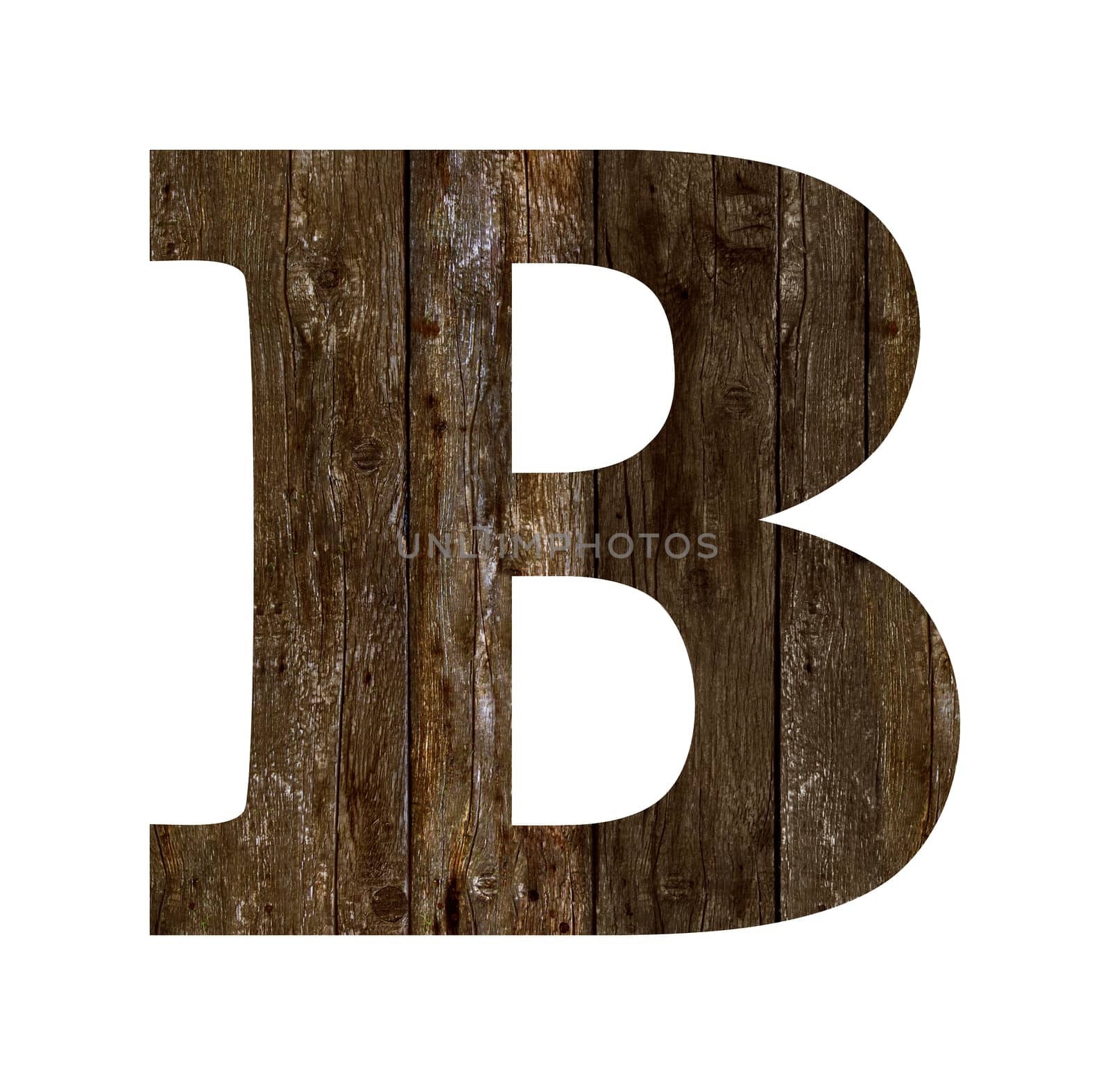 Old wooden planks alphabet, text B. Isolated on white background. With clipping path
