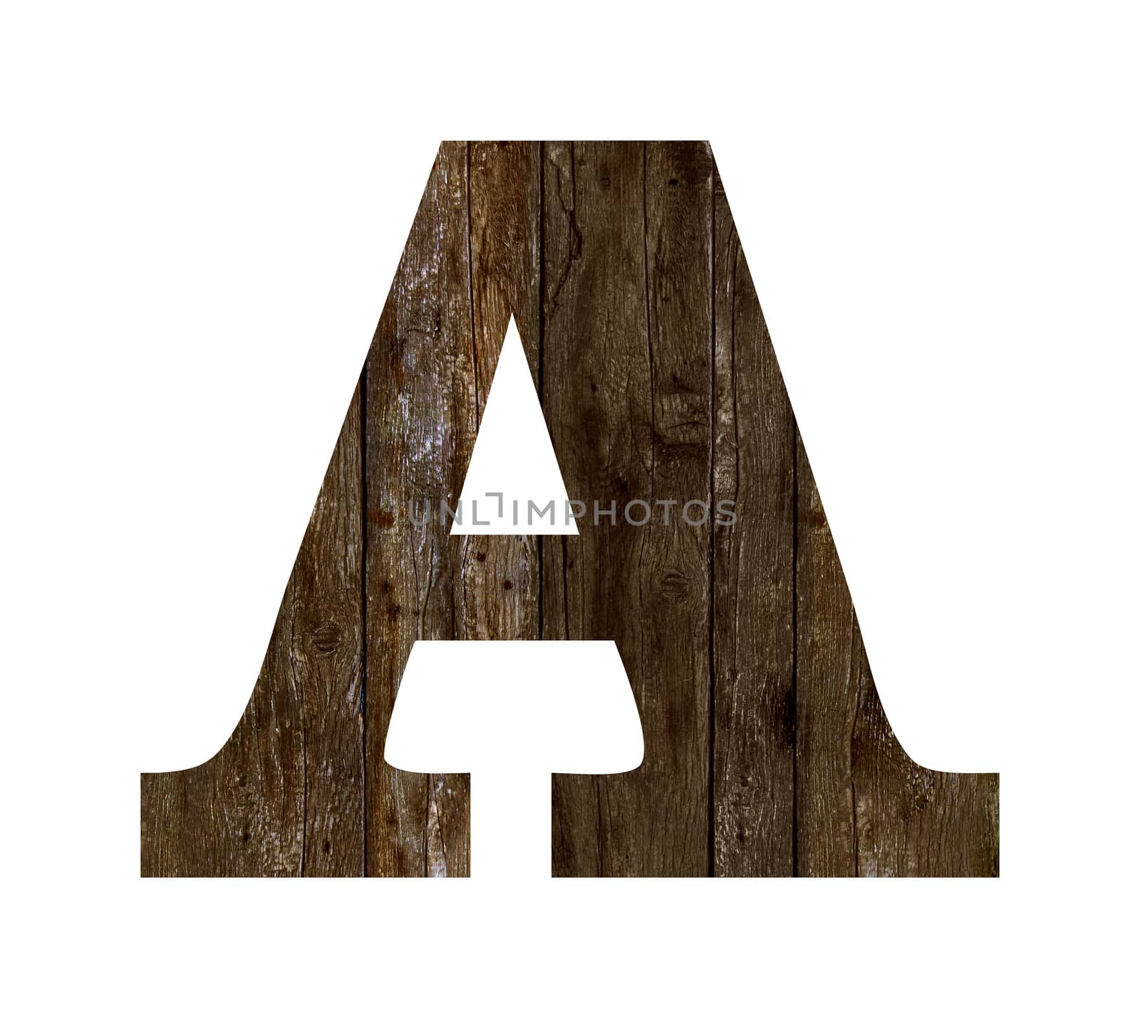 Old wooden planks alphabet, text A. Isolated on white background. With clipping path