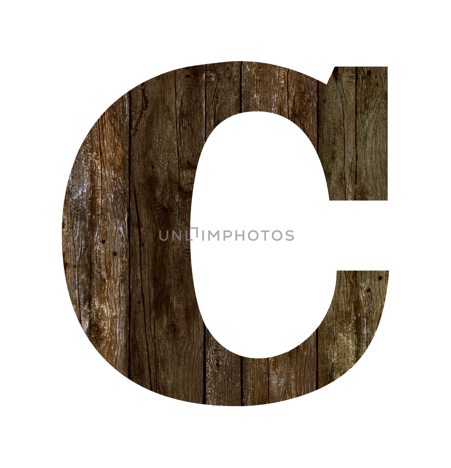 Old wooden planks alphabet, text C. Isolated on white background. With clipping path