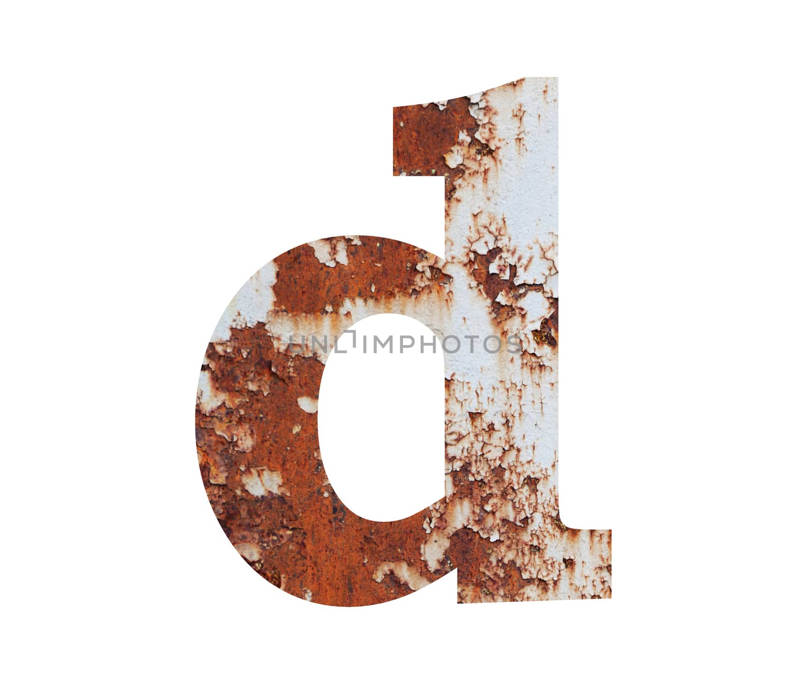 Old rusty metal alphabet, text d, isolated over the white background