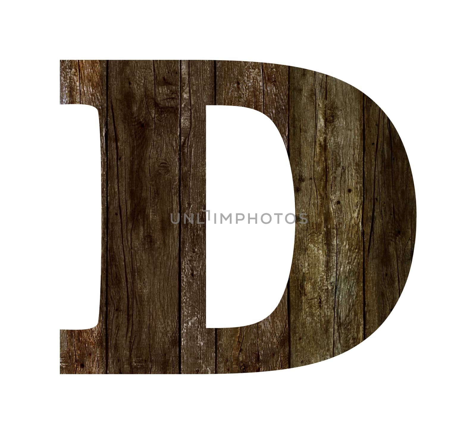 Old wooden planks alphabet, text D. Isolated on white background. With clipping path