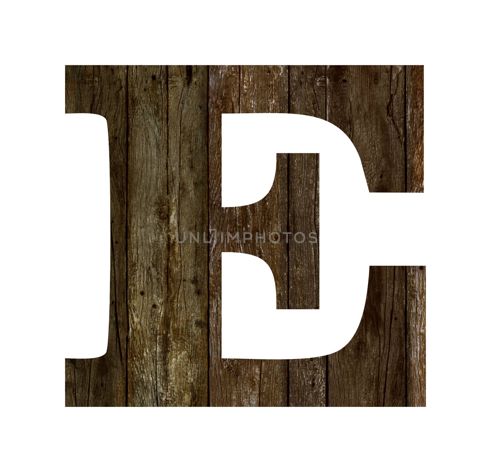 Old wooden planks alphabet, text E. Isolated on white background. With clipping path