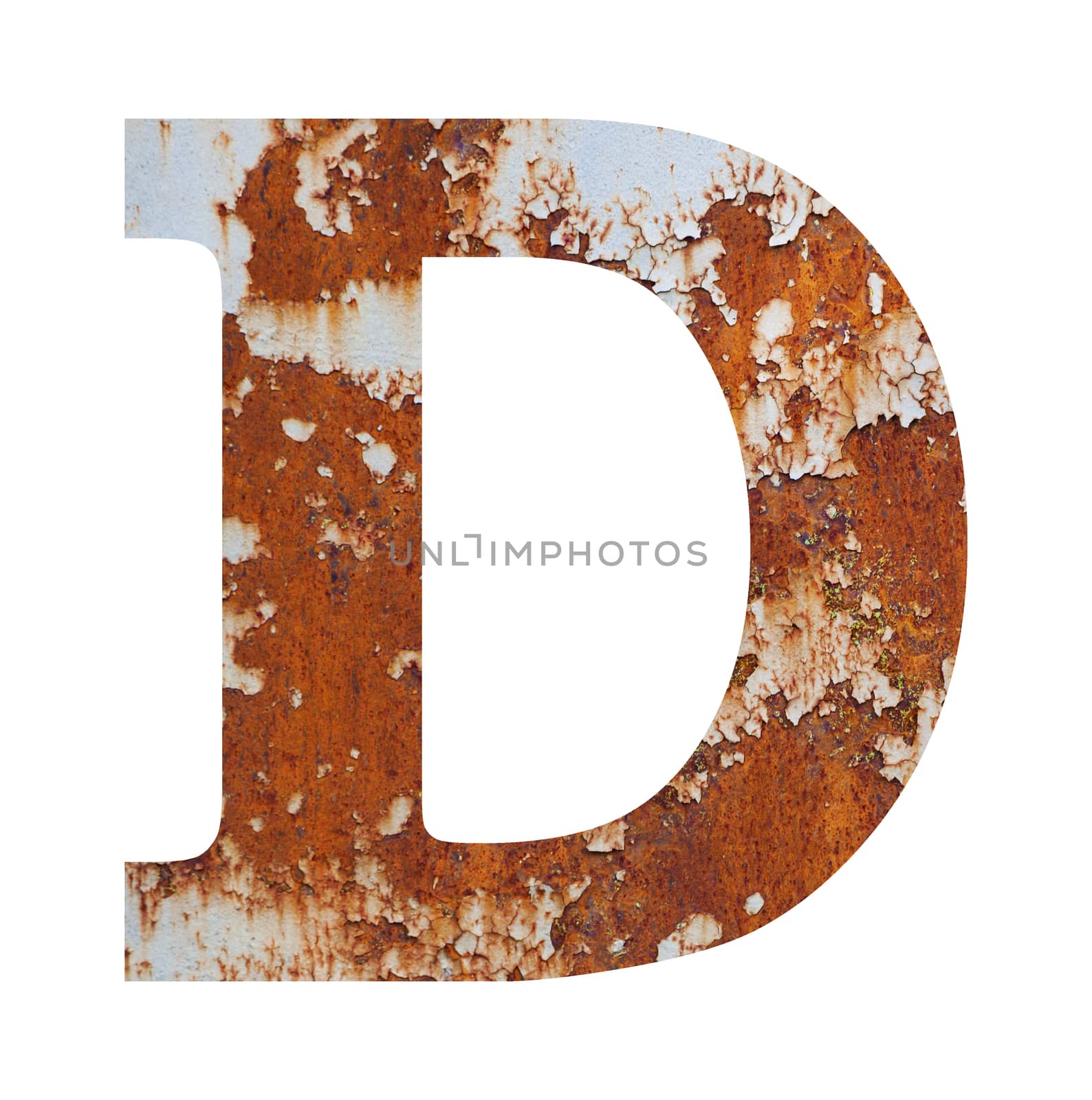 Old rusty metal alphabet, text D. Isolated over the white background