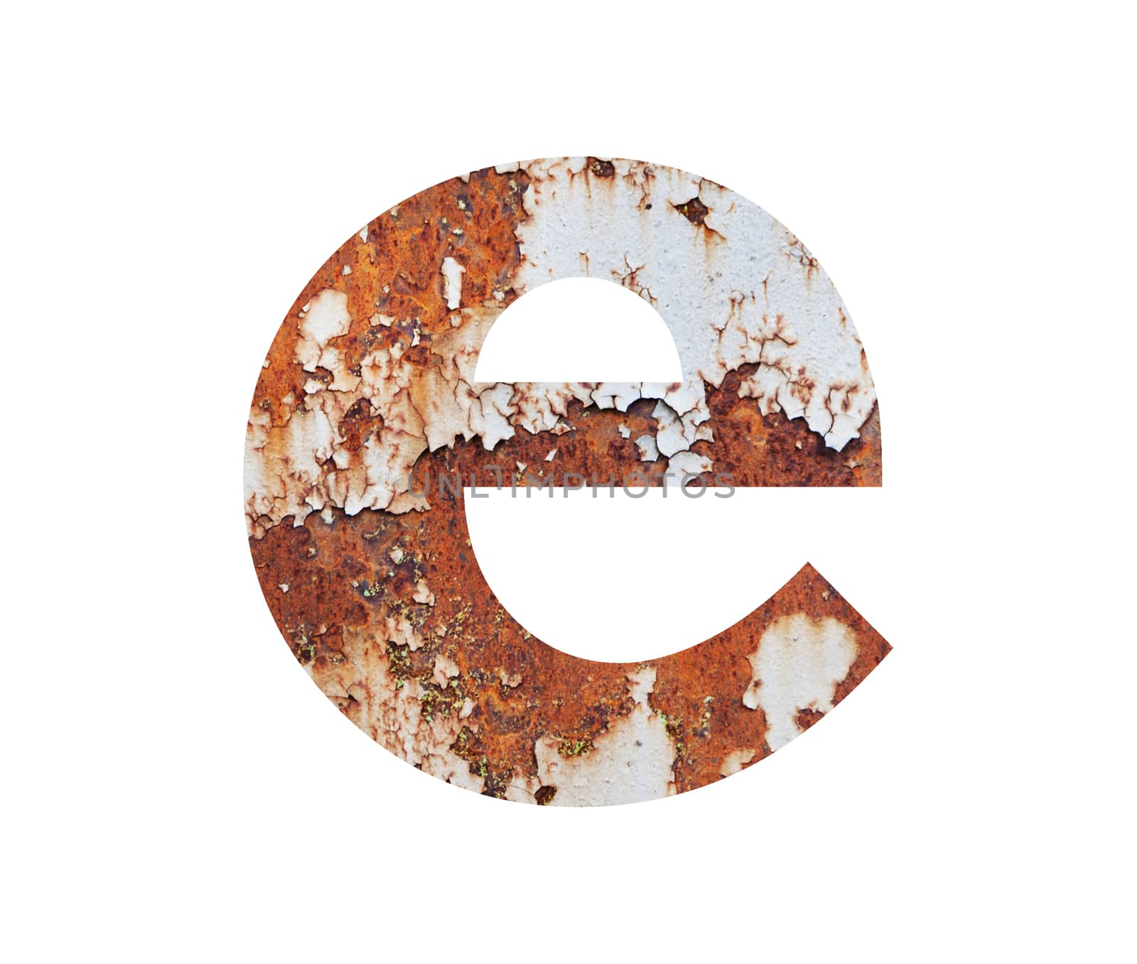 Old rusty metal alphabet, text e, isolated over the white background
