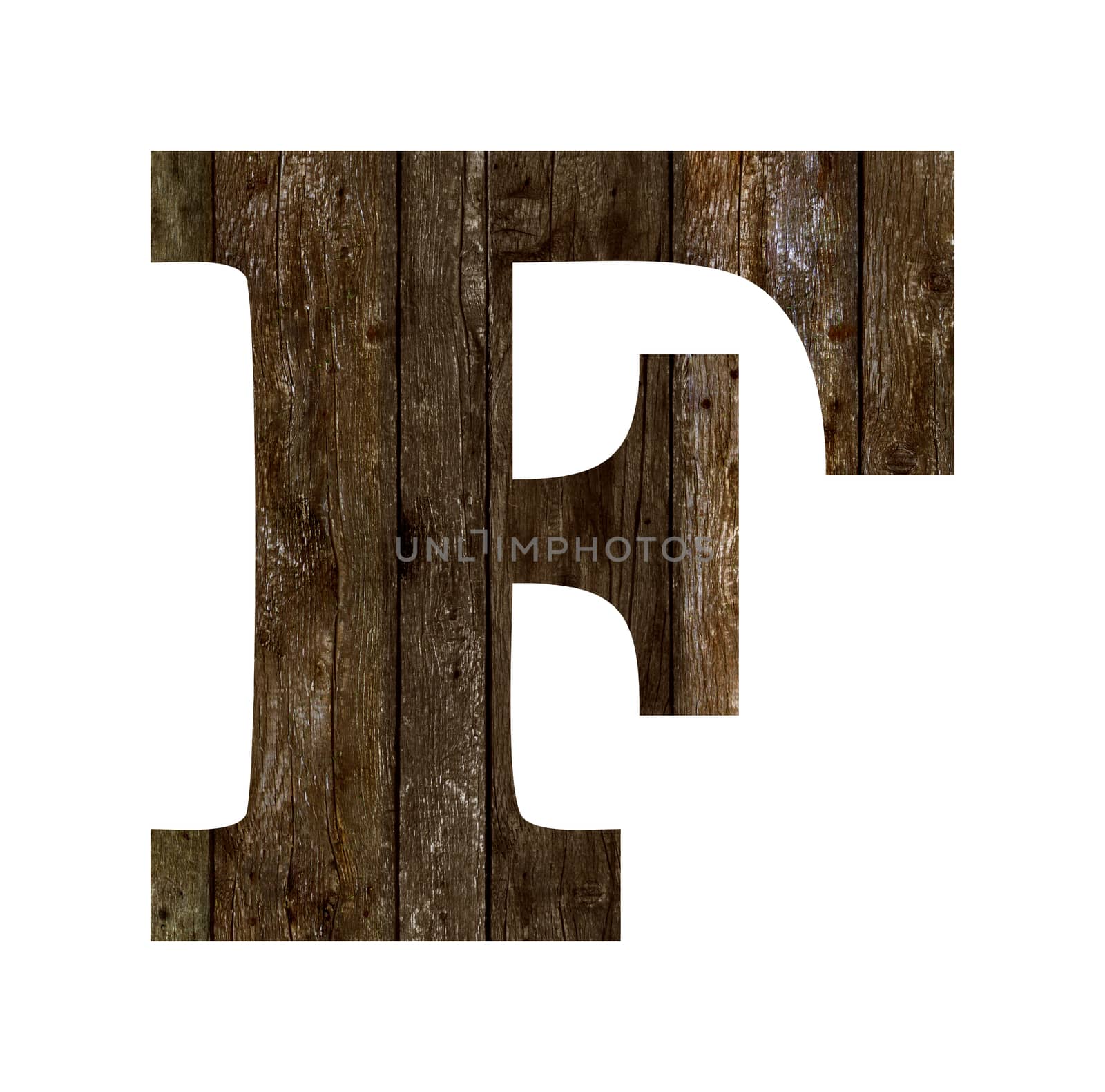 Old wooden planks alphabet, text F. Isolated on white background. With clipping path