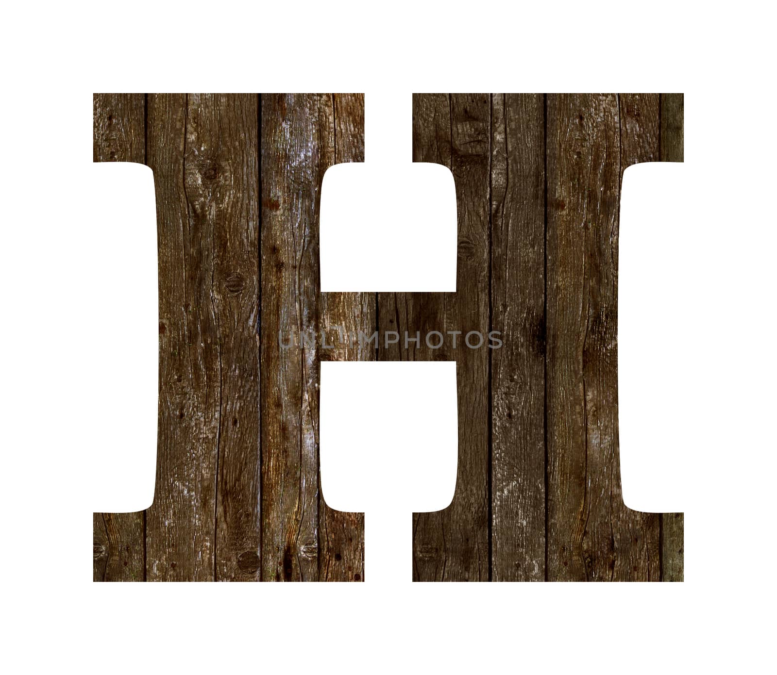 Old wooden planks alphabet, text H. Isolated on white background. With clipping path