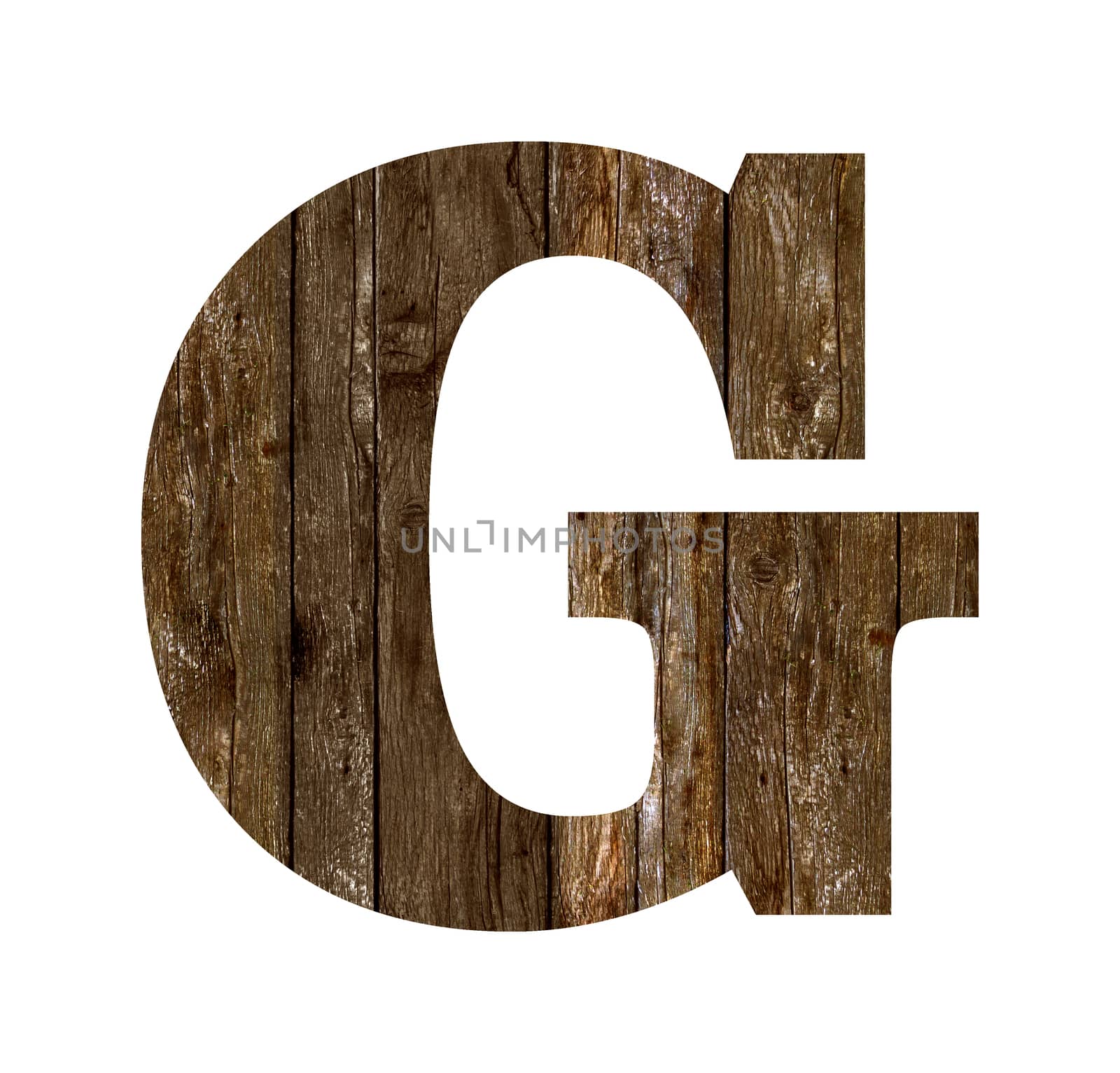 Old wooden planks alphabet, text G. Isolated on white background. With clipping path