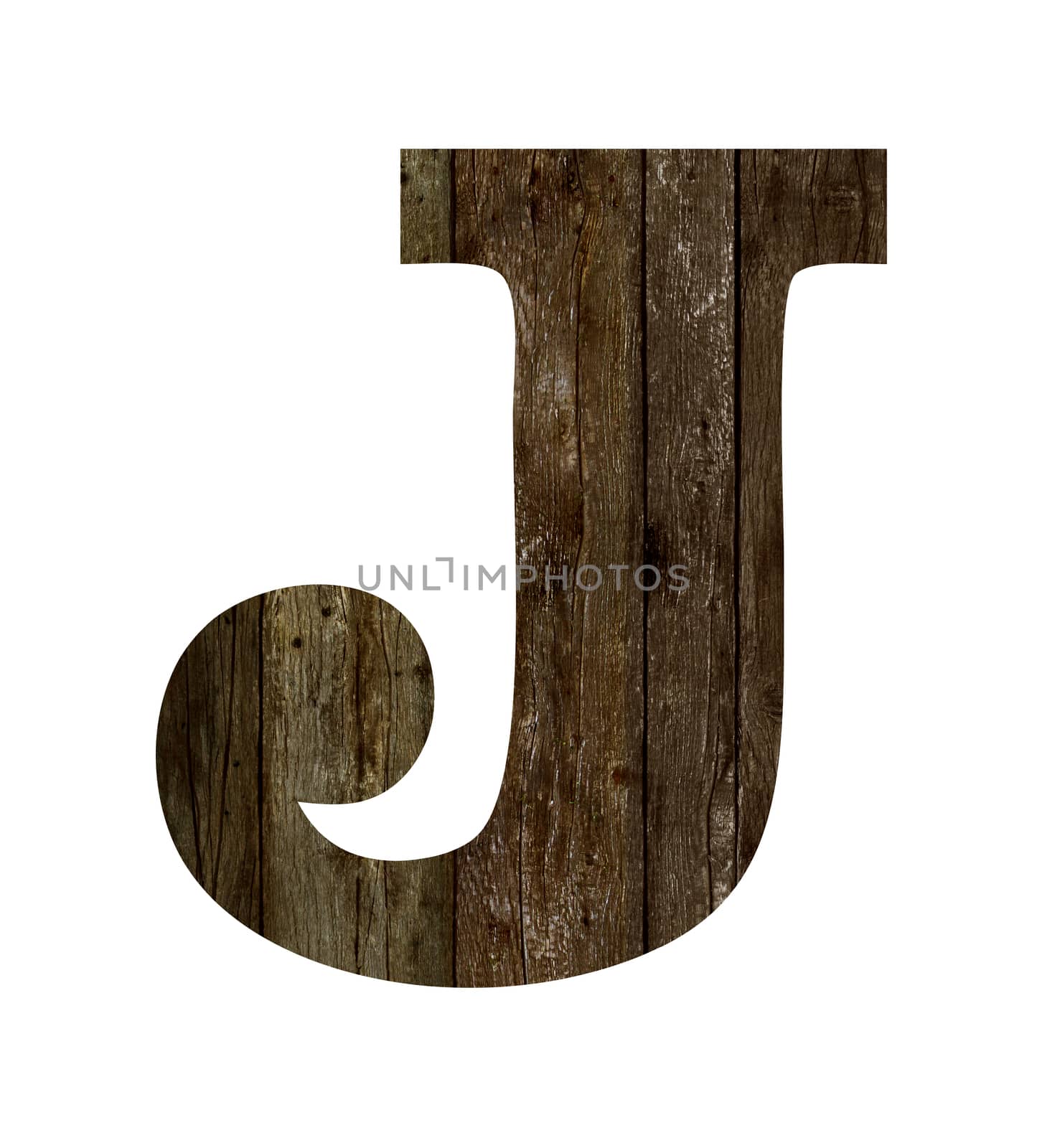 Old wooden planks alphabet, text J. Isolated on white background. With clipping path