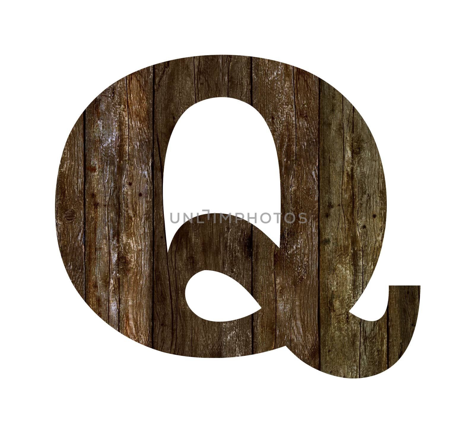 Old wooden planks alphabet, text Q. Isolated on white background. With clipping path