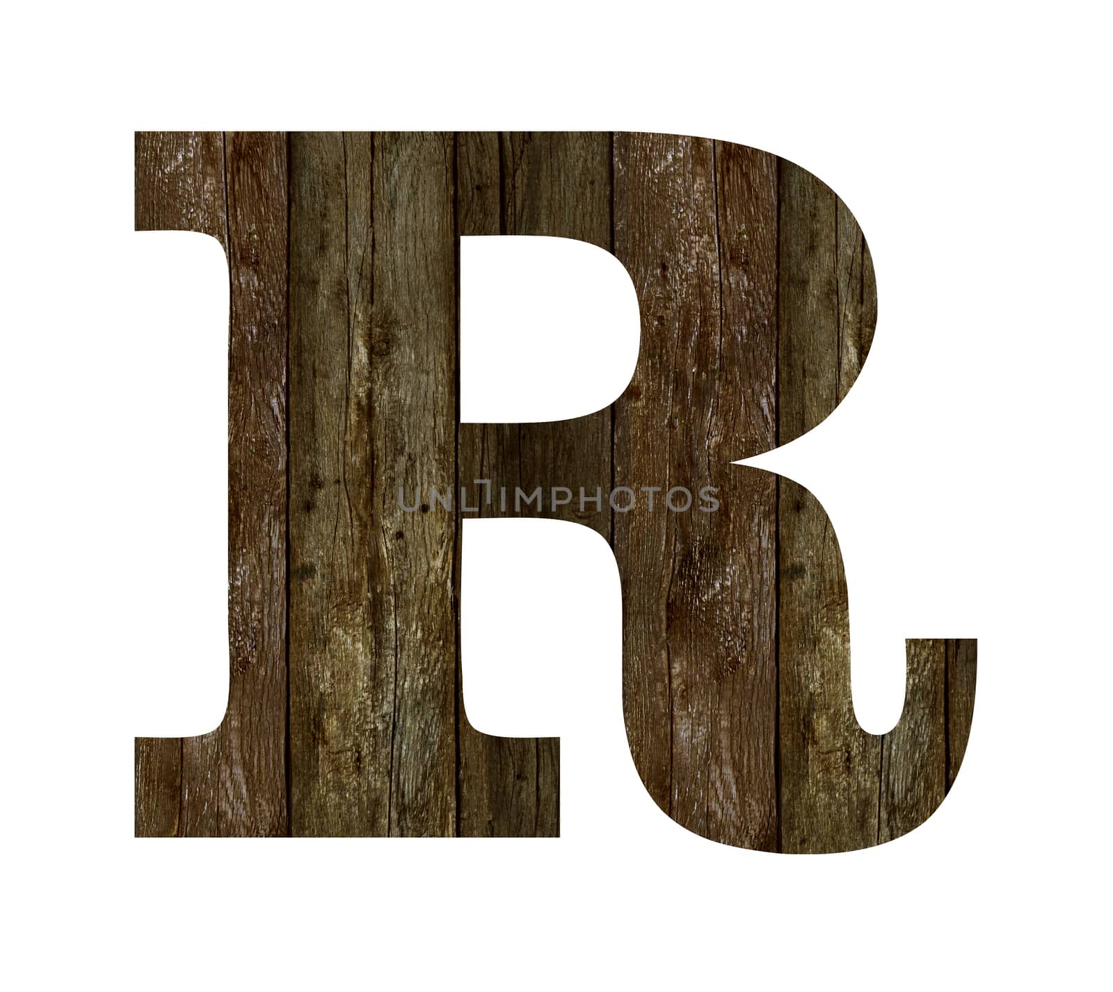 Old wooden planks alphabet, text R. Isolated on white background. With clipping path
