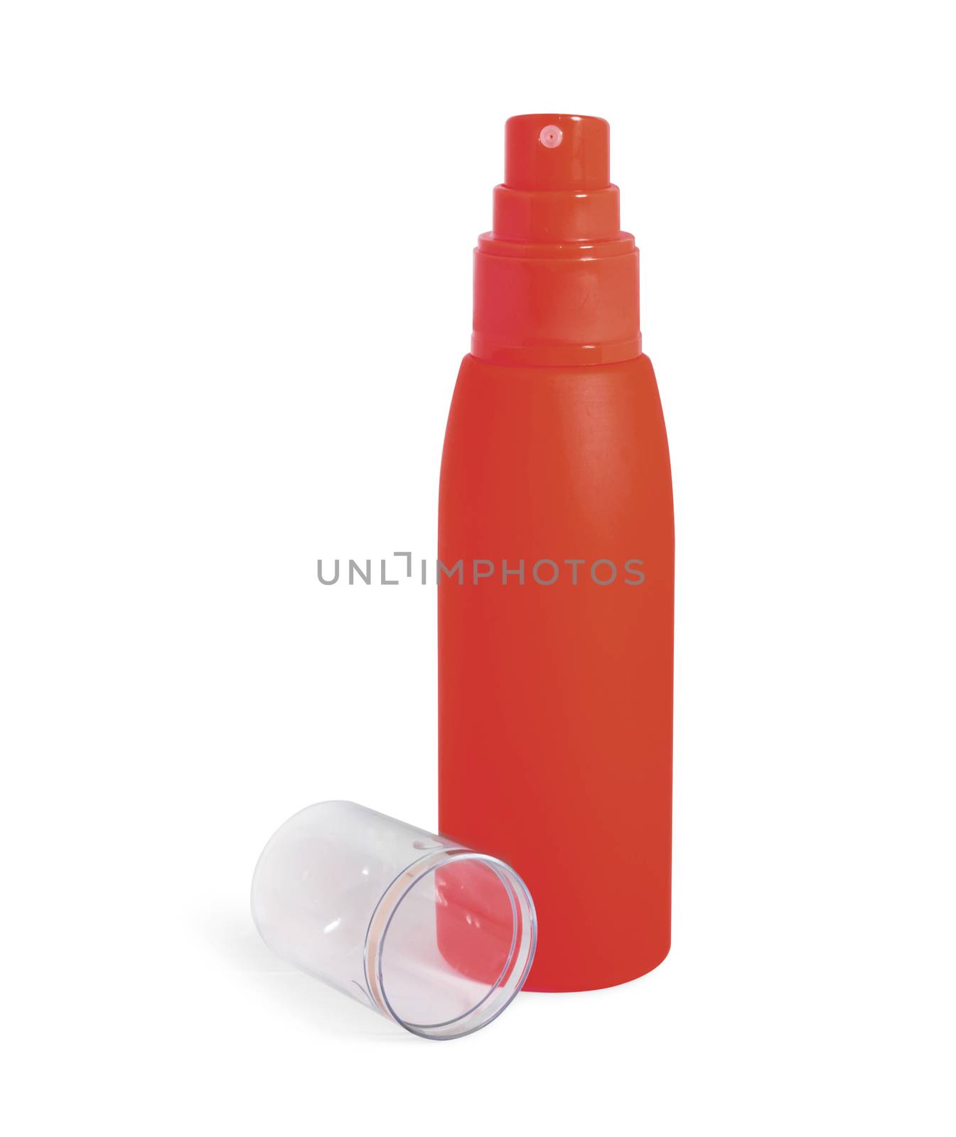 Red cosmetic cream bottle, spray opened isolated on white background