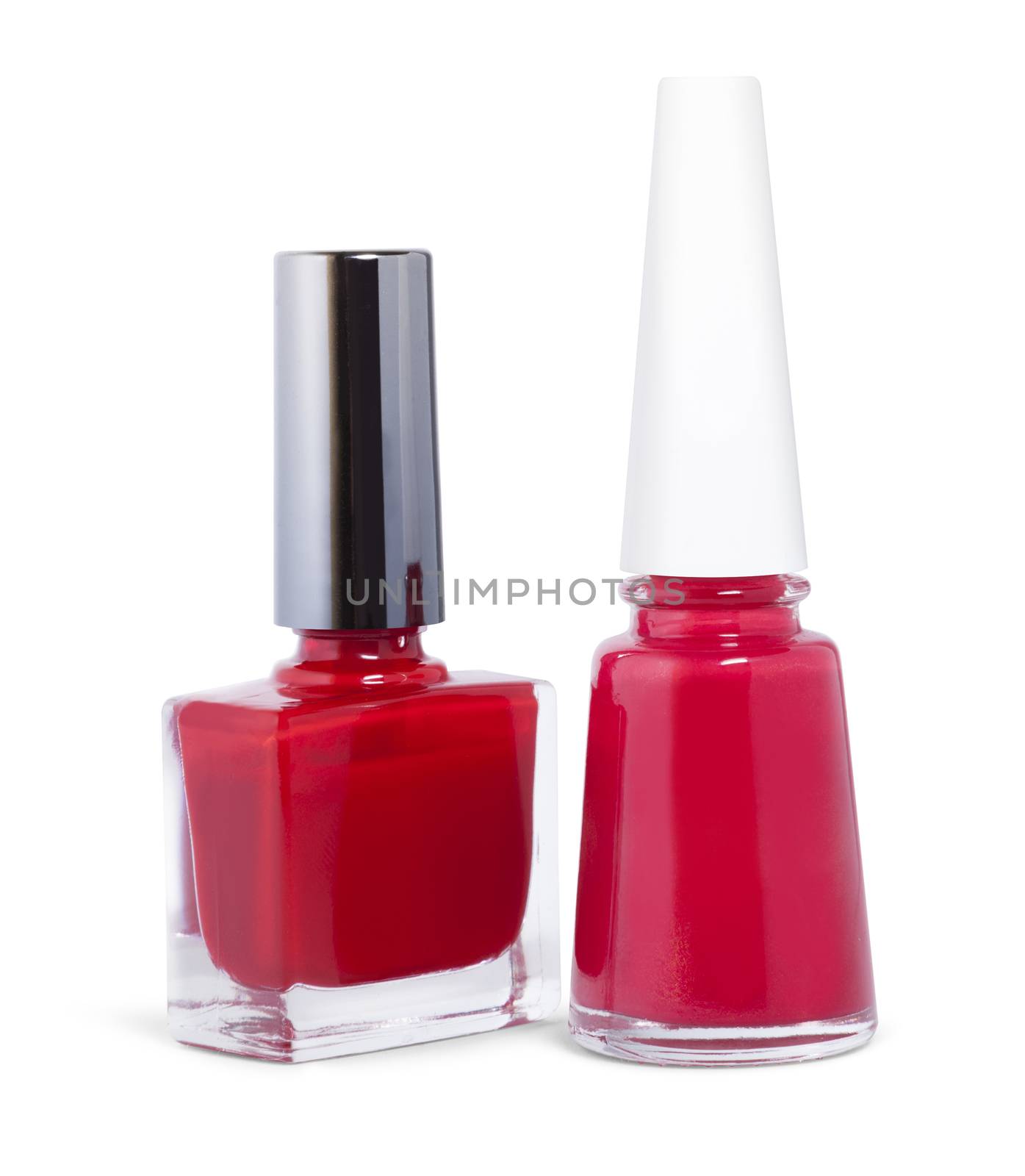 two bottles of red nail polish white background