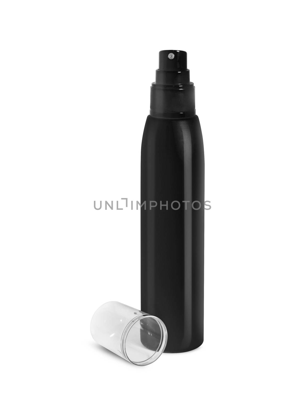Black cosmetic spray bottle isolated on white background. With clipping path