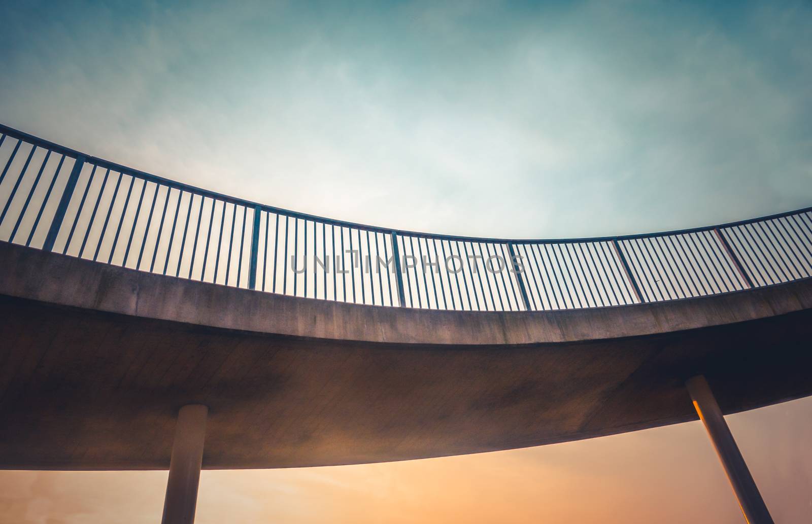 Abstract Urban Architecture Detail Of A Curved Footbridge Overpass At Sunset With Copy Space