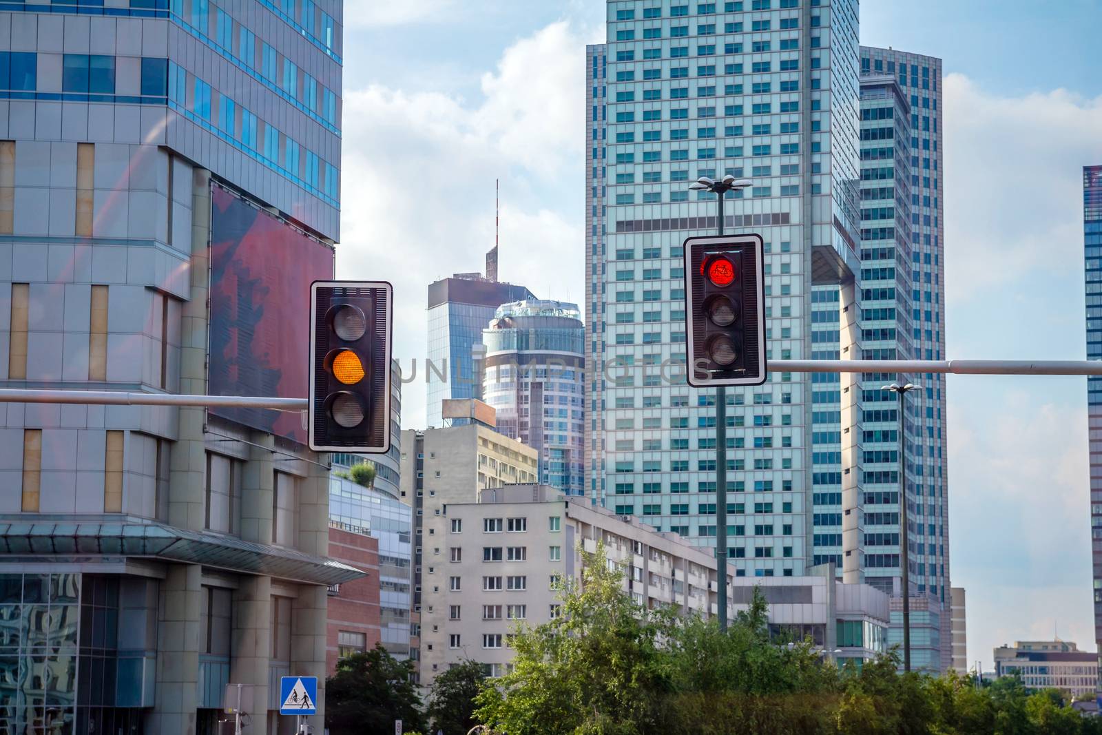 Traffic lights for vehicles and bicycles in the street of Warsaw city.