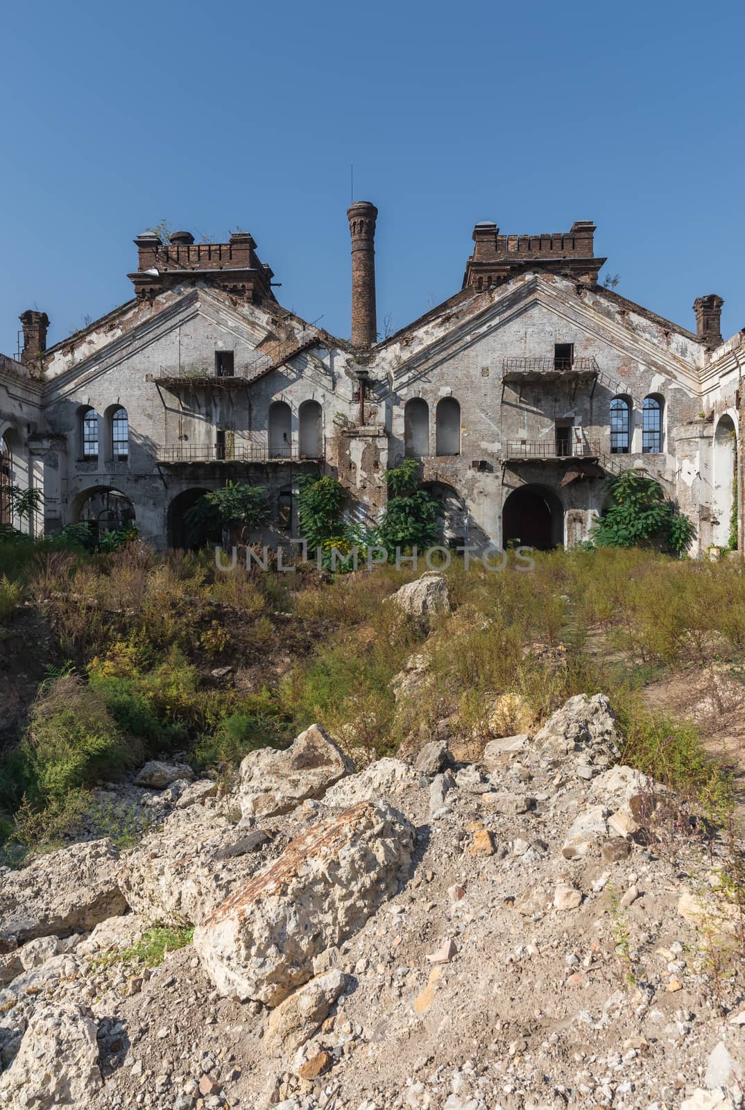 Old abandoned industrial factory Krayan in Odessa, Ukraine, in a sunny summer day