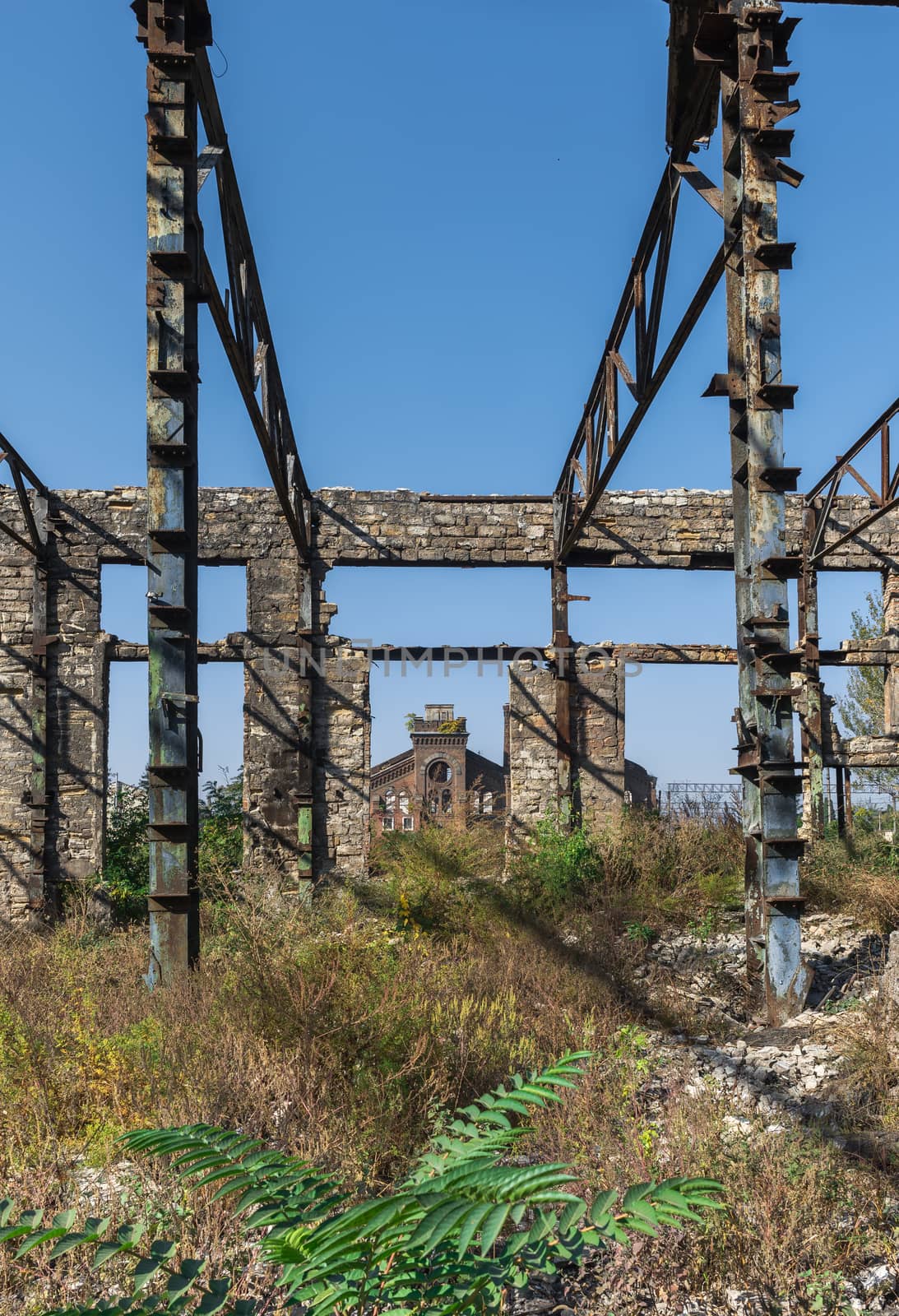 Old abandoned industrial factory Krayan in Odessa, Ukraine, in a sunny summer day