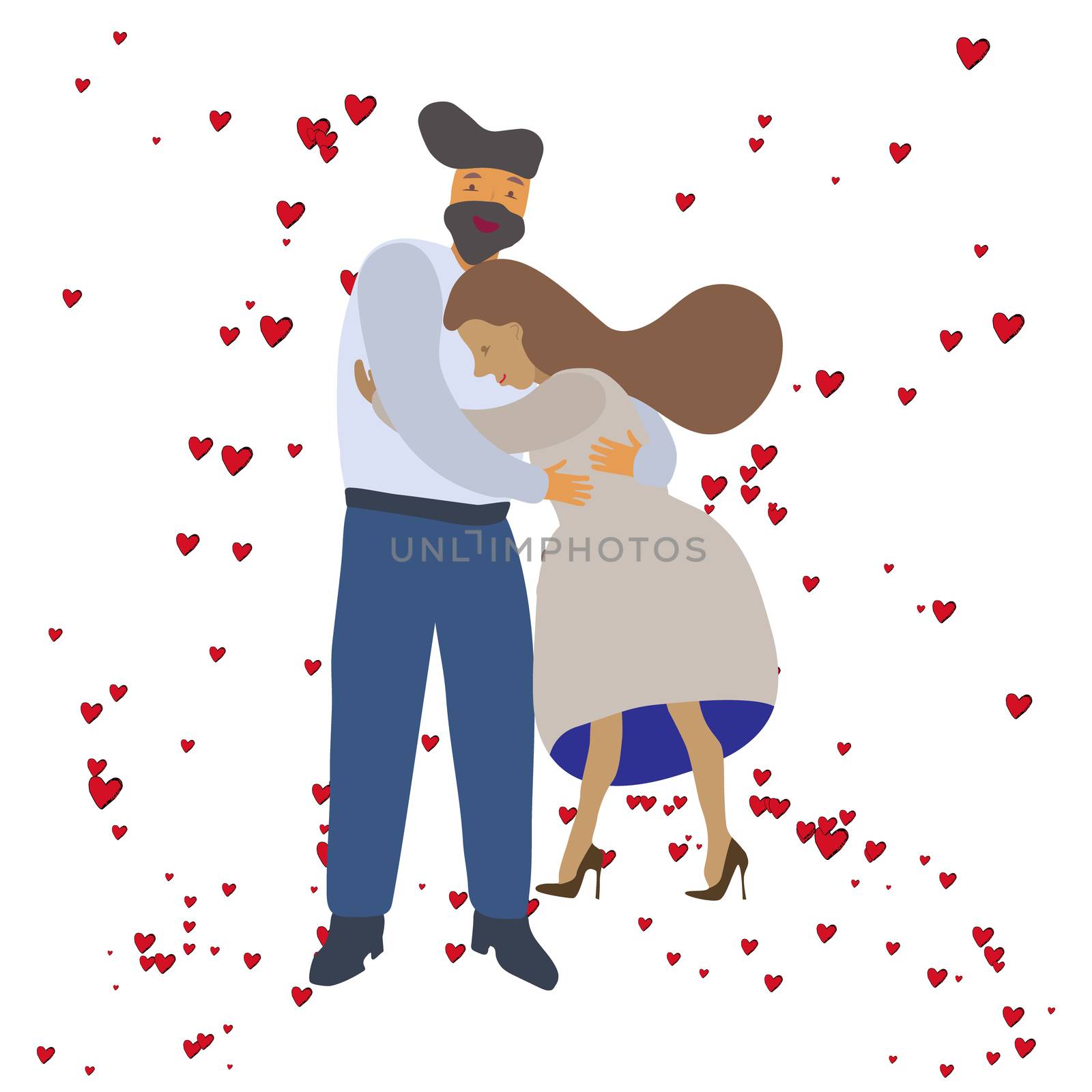Woman hugging man with red hearts. Vector illustration on white background. 