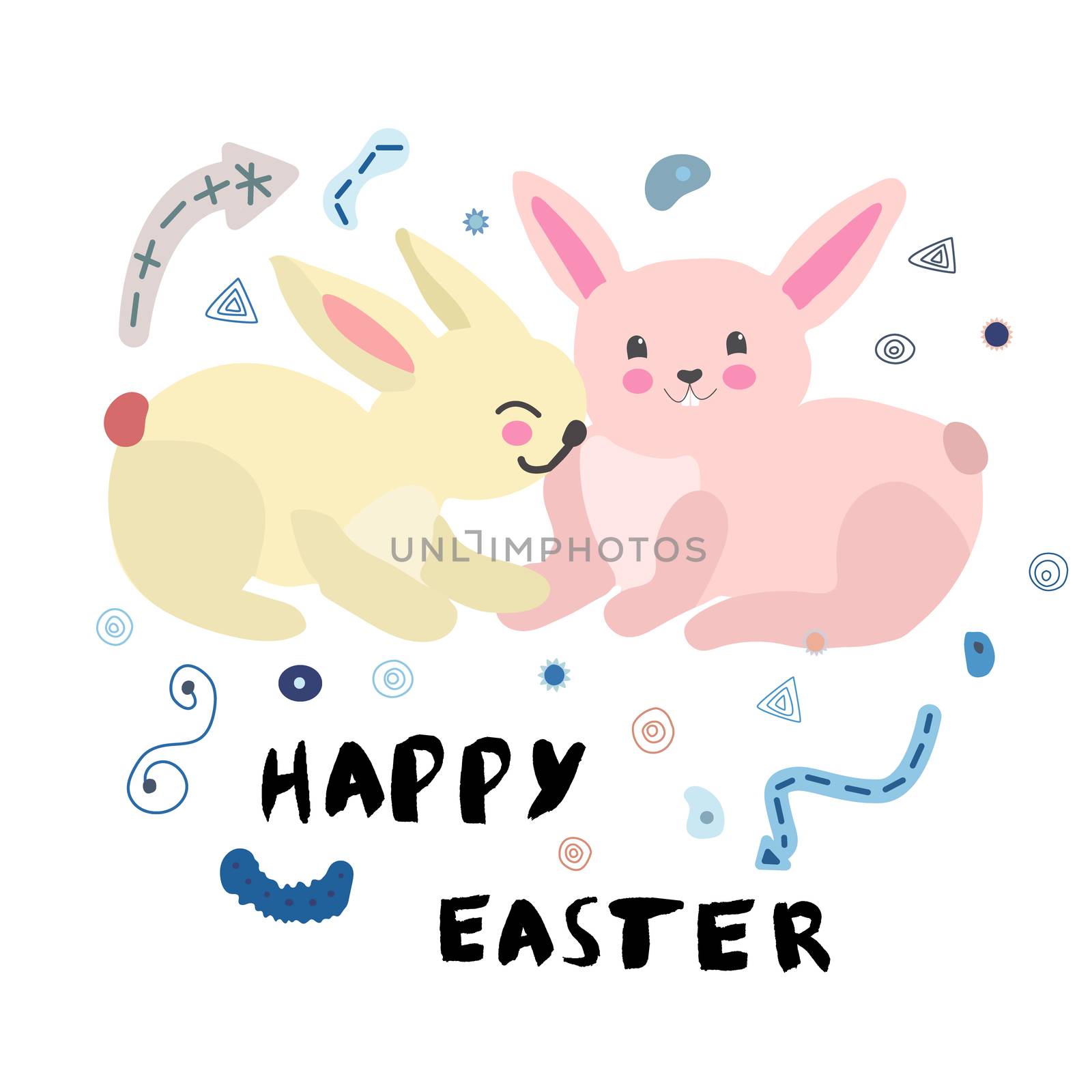 Pink and yellow cute easter bunnies with handwritten note happy easter. Vector illustration on white background with doodle elements.