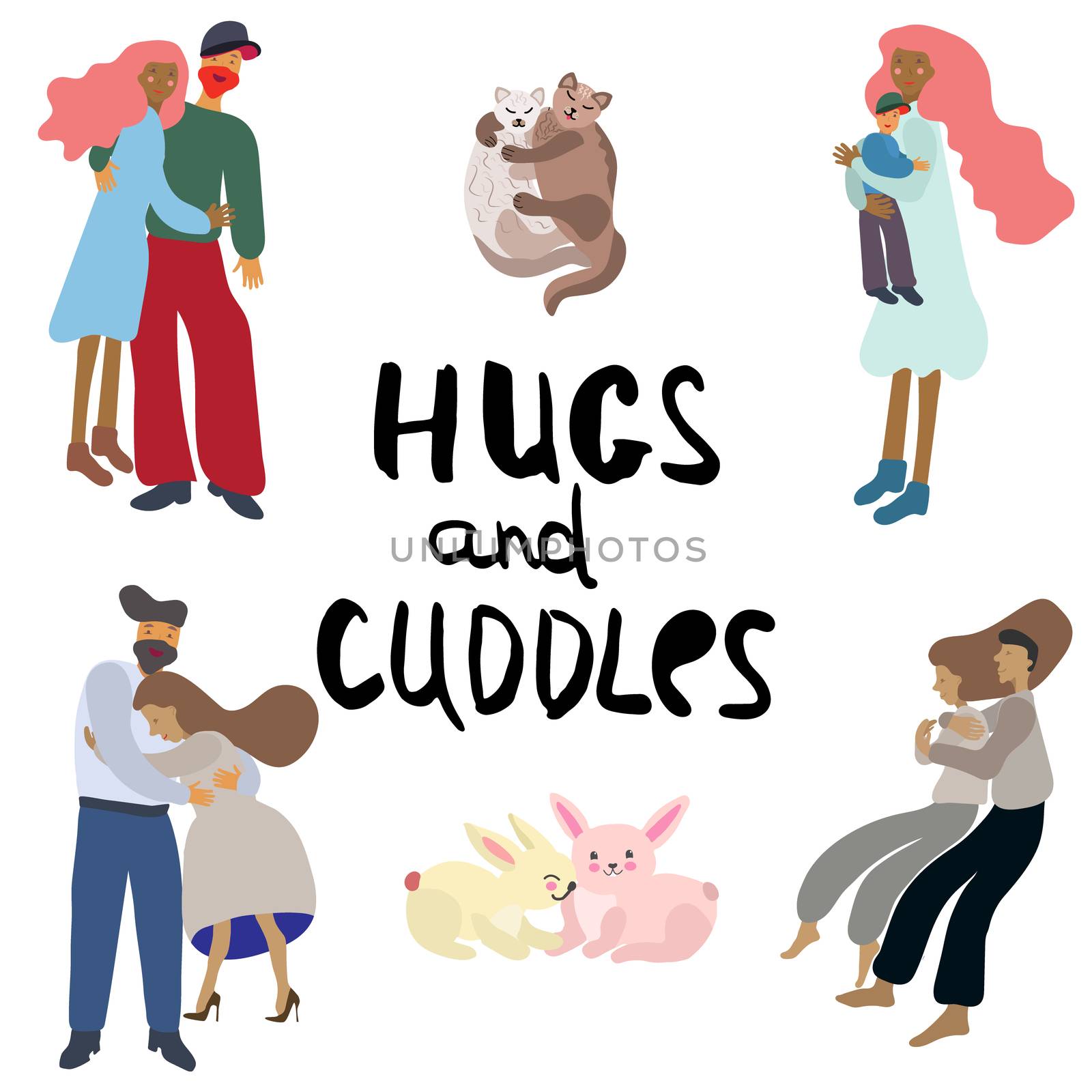 Hugs and cuddle people and animals vector illustration on white background. Handwritten note hugs and cuddle.