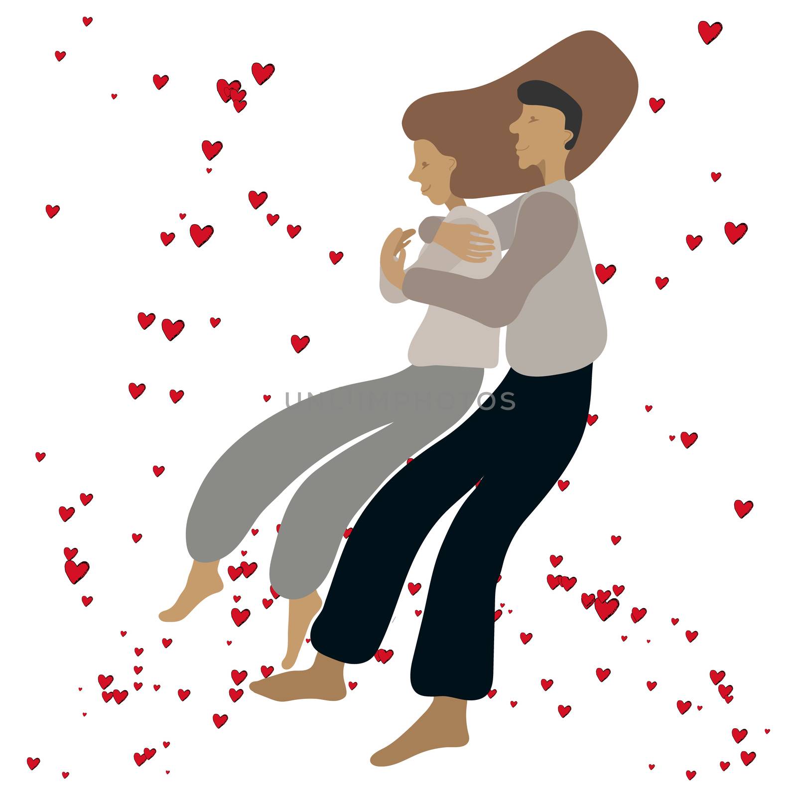 Romantic couple cuddling. Vector colorful illustration on white background with red hearts.