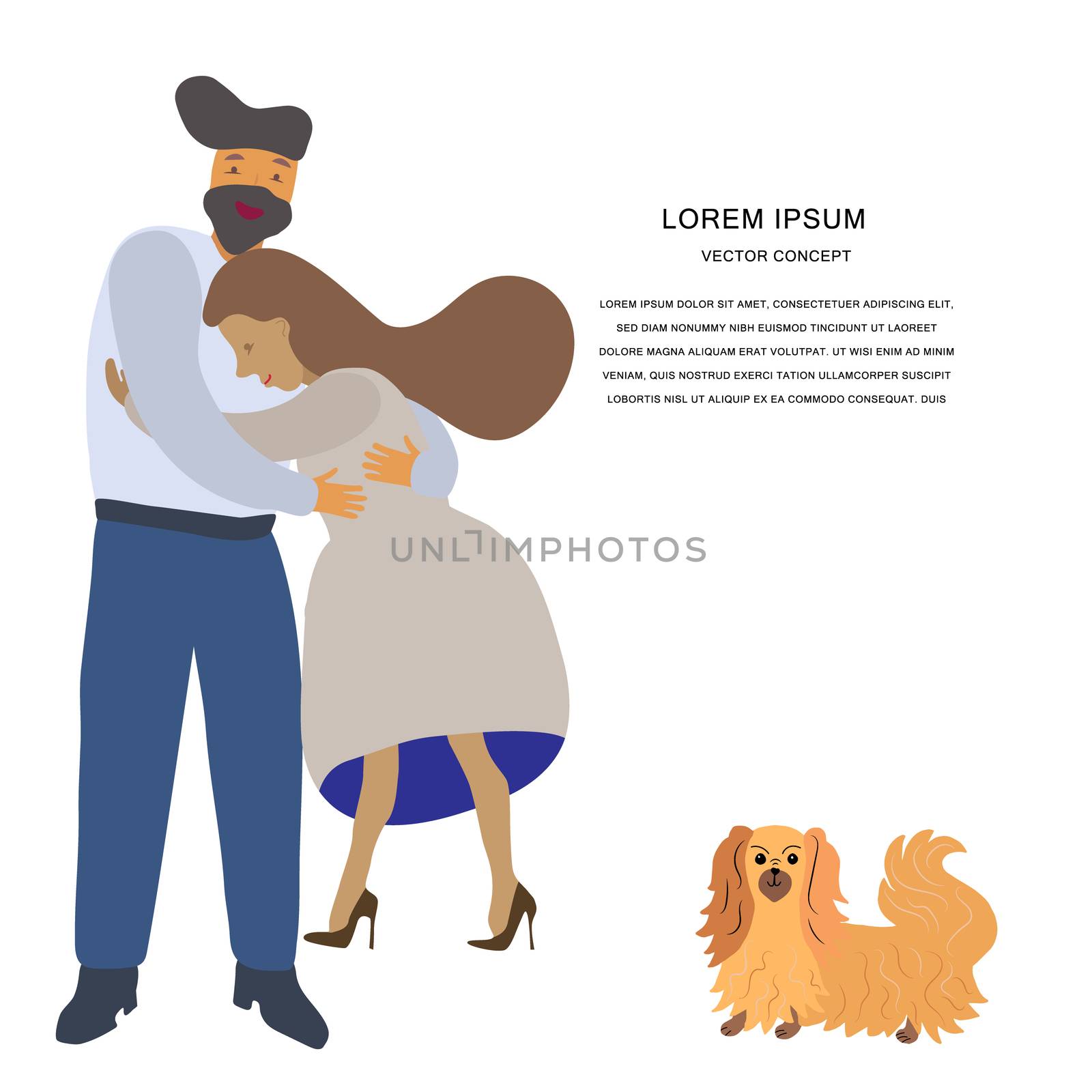 Stylish couple with their cute pekingese dog running. Text frame. Vector colorful illustration on white background.