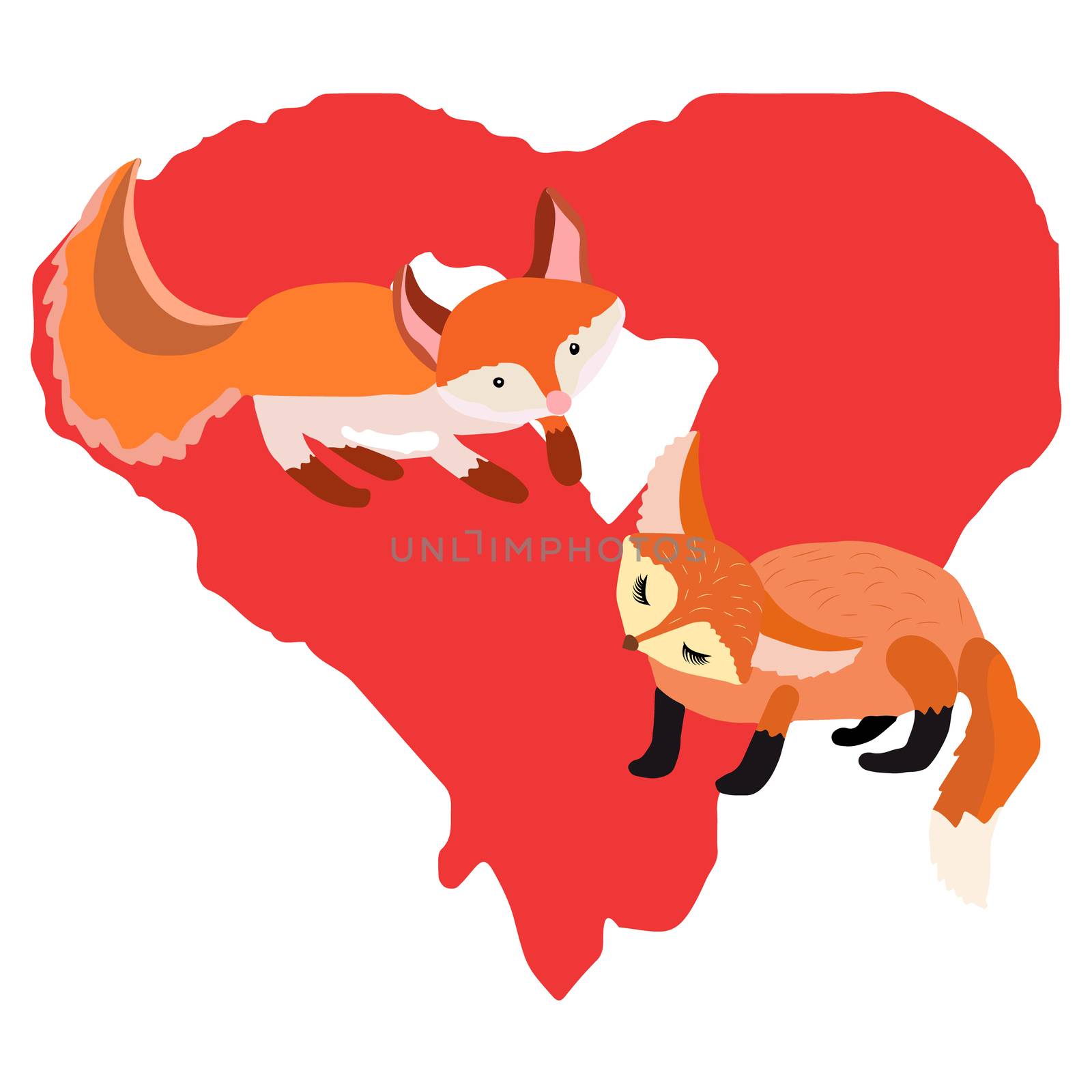 Two cartoon cute ginger foxes with red heart. Romantic symbol. Vector illustration on white background.