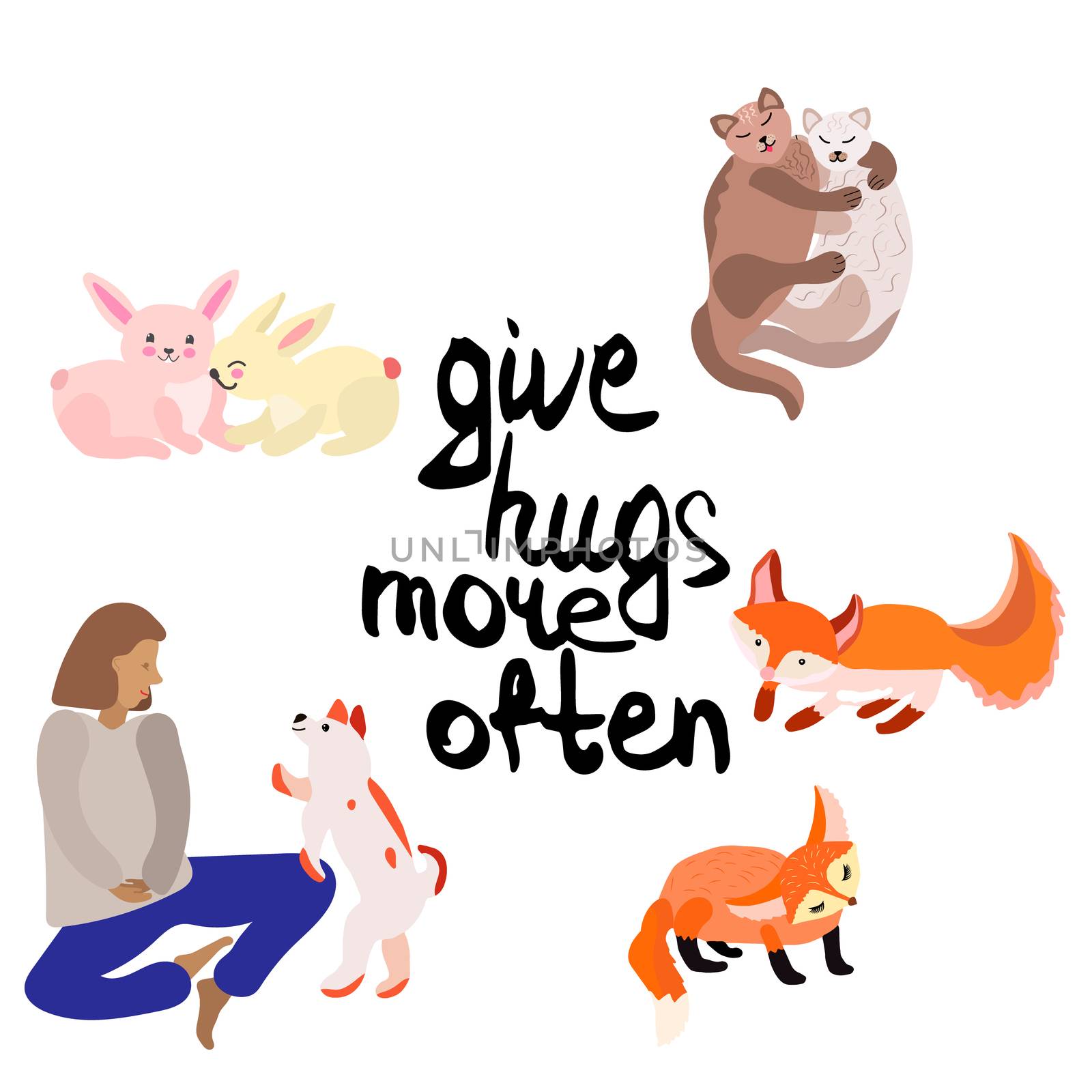 Woman with dog, bunnies, foxes scenes set, humans and their beloved pets at home, hugging cats. Best friends love cute cartoon graphics. Vector illustration on white background.