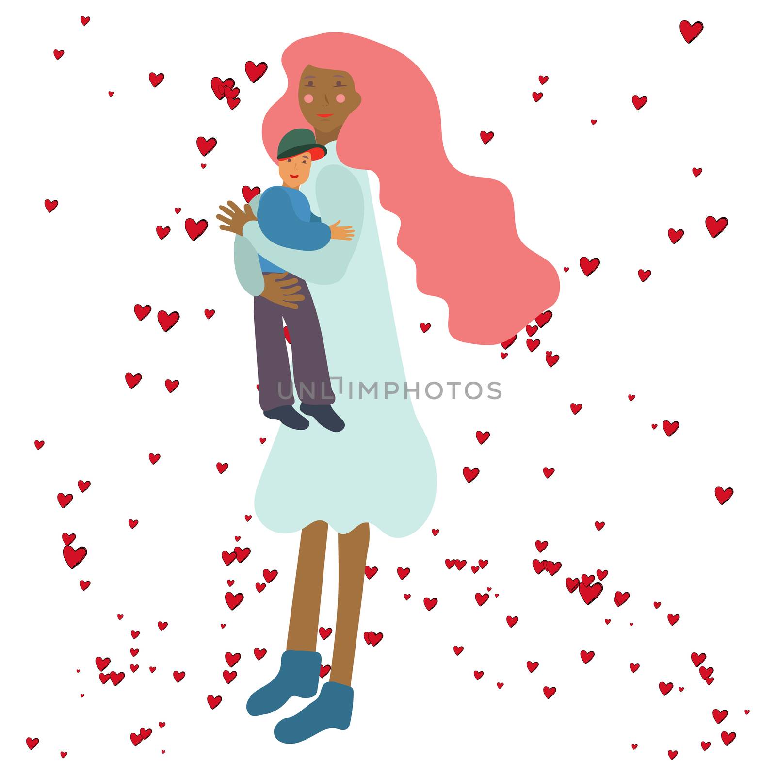 Loving family. Mother and son together and cuddling. Parent and children hugging. Flat cartoon characters isolated on white background. Colorful vector illustration.