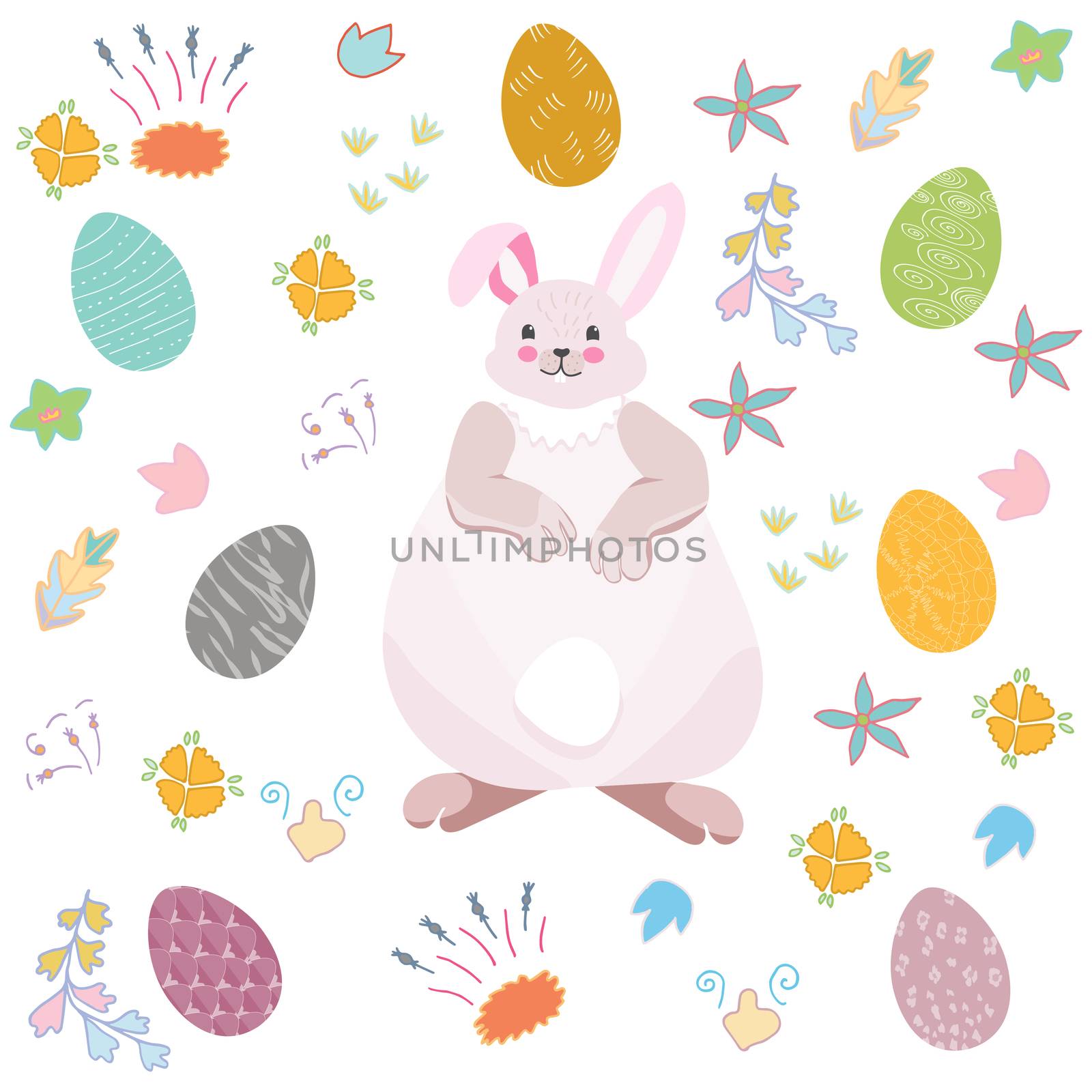 Cute Easter bunny with easter eggs background. Hand drawn doodle flowers. Vector illustration on white background.