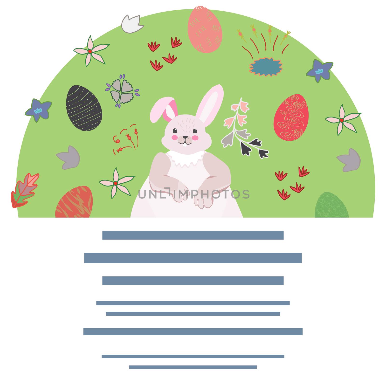 Circle made with pink rabbit and eggs, text frame. Seasonal vector illustration isolated on white background.