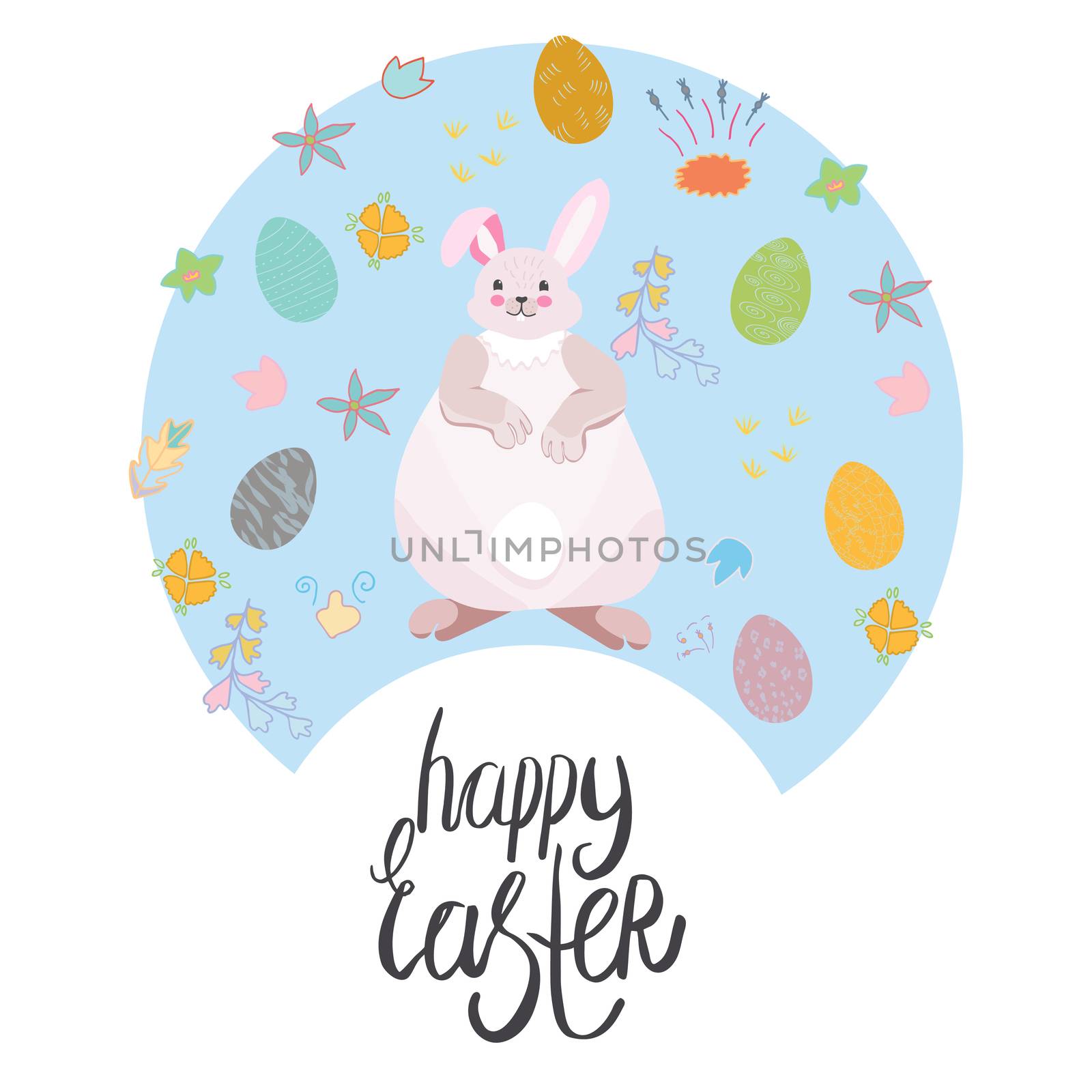 Circle made with cute Easter pink bunny and decorated eggs. Hand lettering note happy Easter. Vector illustration isolated on white background.