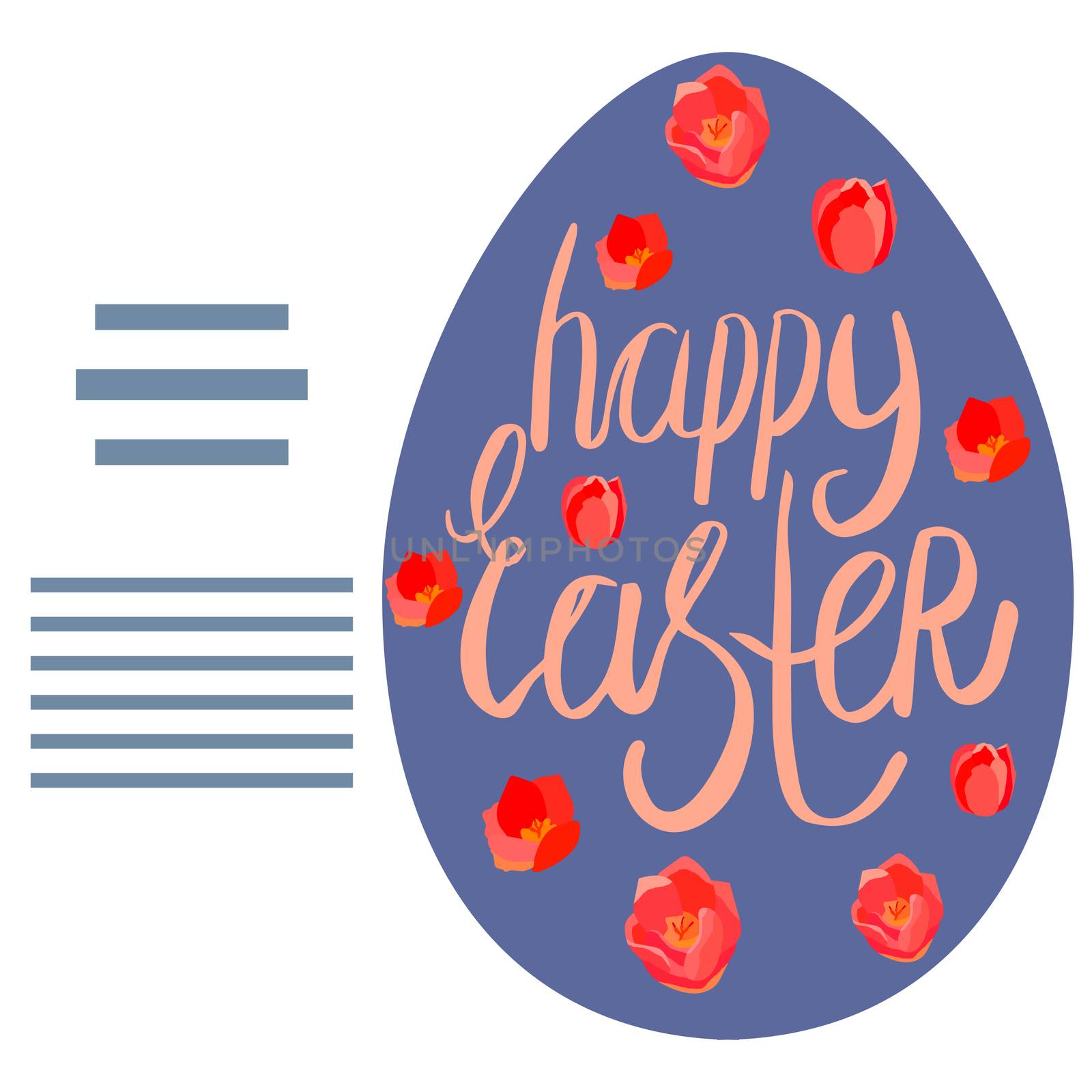 Egg shape with tulips and happy Easter hand lettering. text frame. Vector illustration isolated on white background.