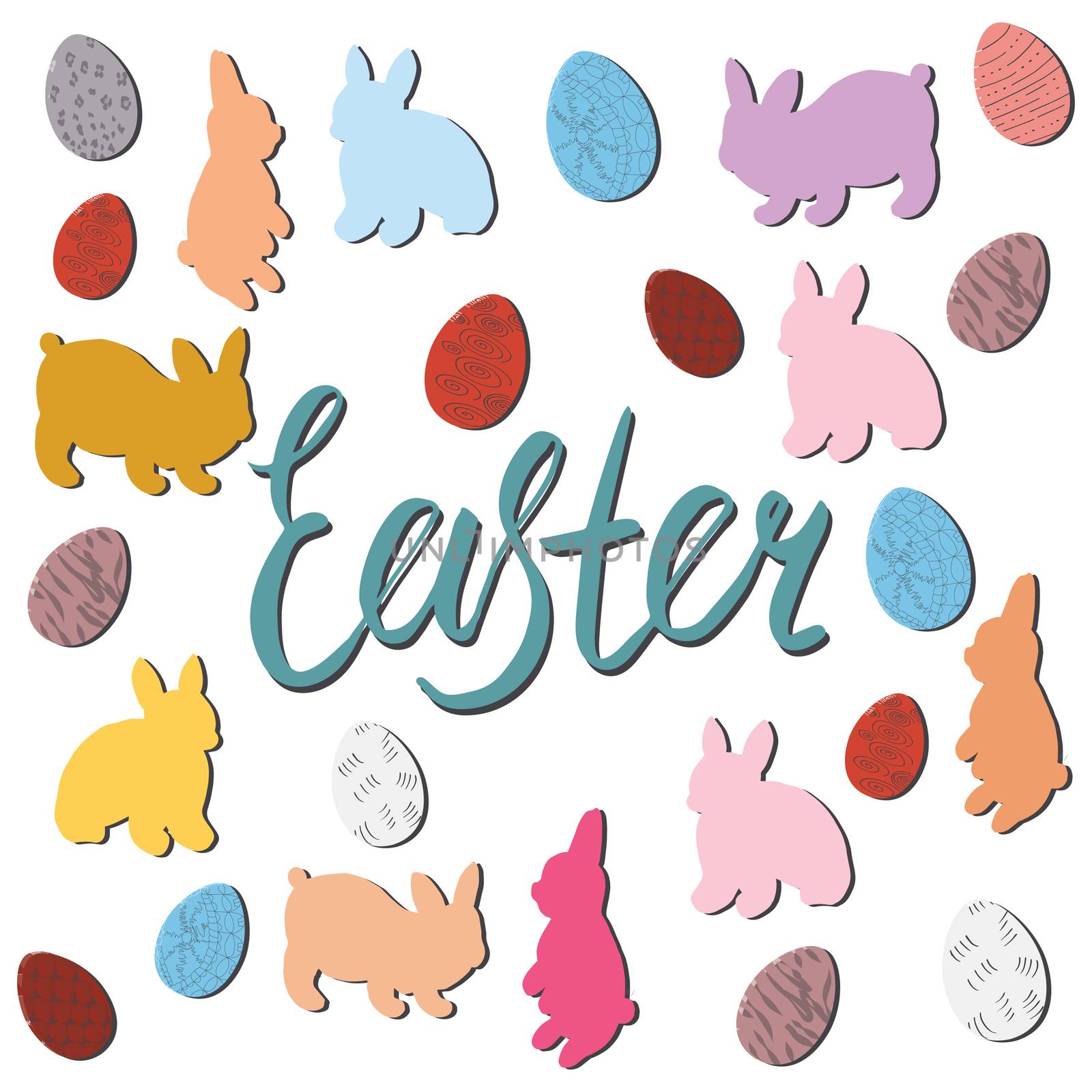 Easter bunny and decorated eggs with hand lettering Easter. Vector festive illustration isolated on white background.