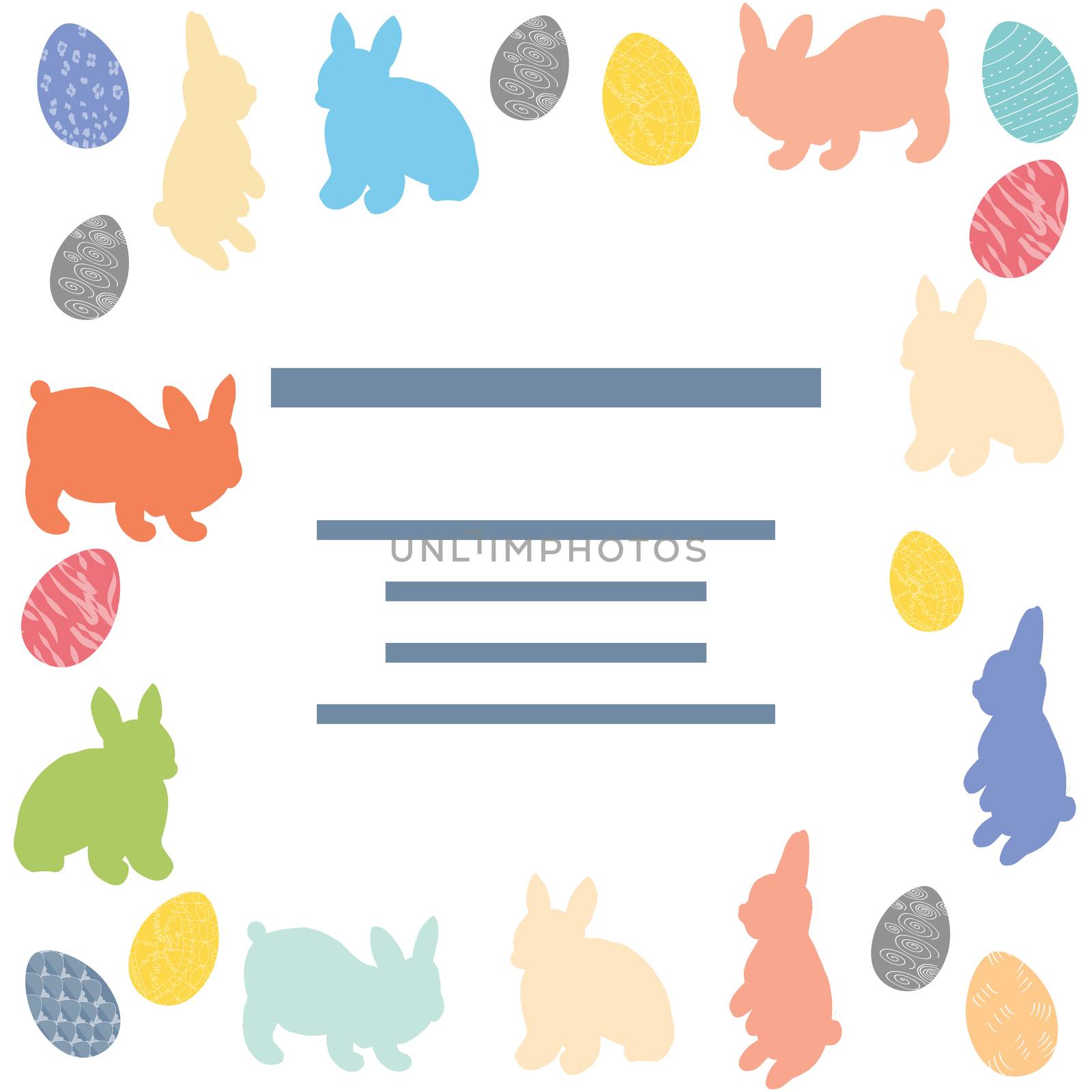 Easter bunny and decorated eggs in square shape. Text frame in centre. Vector illustration isolated on white background.