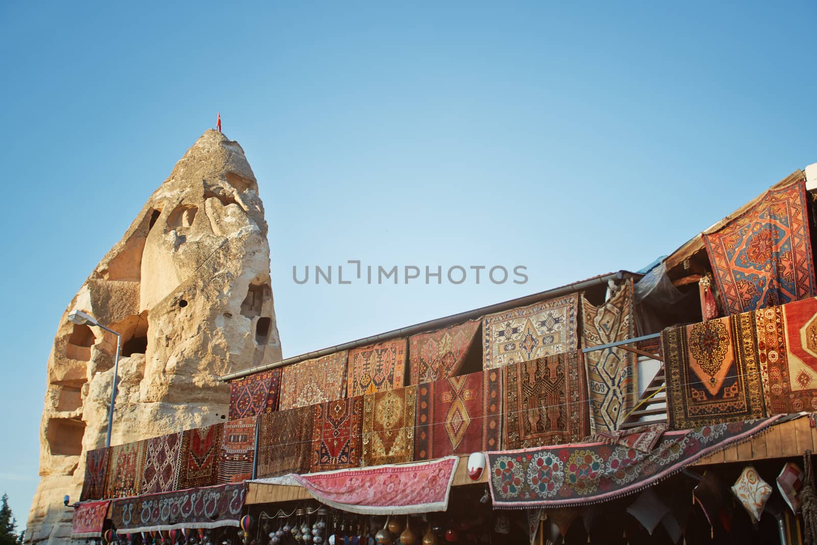 Outdoors shop with carpets for sale. Cappadocia, Turkey