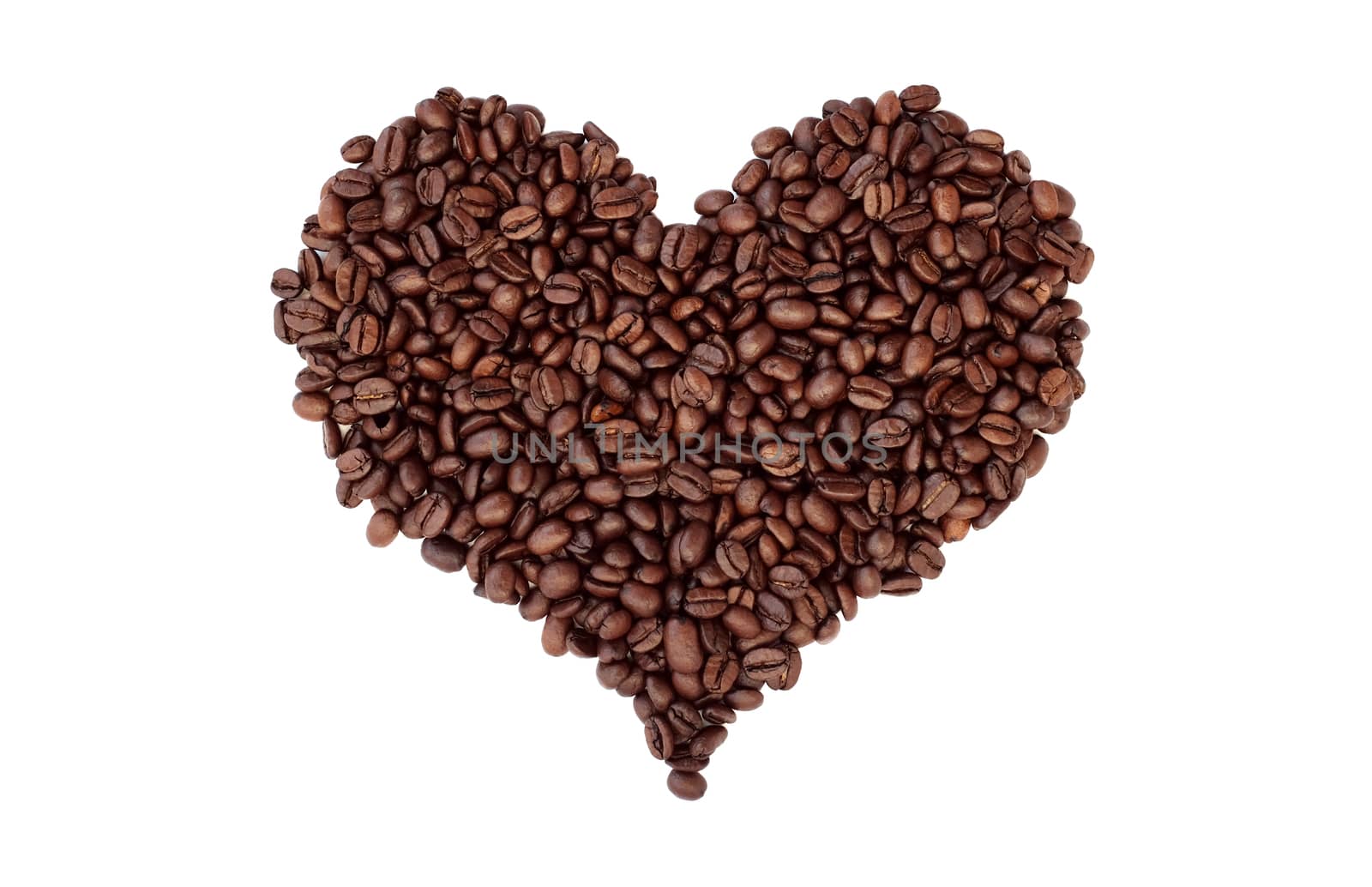 Aromatic roasted coffee beans in a heart shape, isolated on a white background